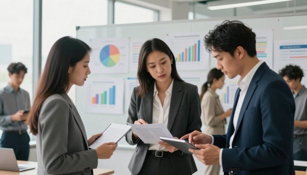 A dynamic and modern office setting featuring a diverse group of professionals engaged in a collaborative discussion about government reforms and funding initiatives. In the foreground, two businesspeople, a woman in a tailored suit and a man in smart casual attire, are analyzing documents and digital tablets, embodying focus and teamwork. The middle ground showcases a large whiteboard filled with colorful charts and graphs illustrating financial strategies and opportunities, emanating a sense of progress and innovation. The background features large windows letting in soft, natural light, creating a bright and optimistic atmosphere. Overall, the scene conveys a proactive, forward-thinking mood, emphasizing the importance of government initiatives in fostering entrepreneurship. A dynamic and modern office setting featuring a diverse group of professionals engaged in a collaborative discussion about government reforms and funding initiatives. In the foreground, two businesspeople, a woman in a tailored suit and a man in smart casual attire, are analyzing documents and digital tablets, embodying focus and teamwork. The middle ground showcases a large whiteboard filled with colorful charts and graphs illustrating financial strategies and opportunities, emanating a sense of progress and innovation. The background features large windows letting in soft, natural light, creating a bright and optimistic atmosphere. Overall, the scene conveys a proactive, forward-thinking mood, emphasizing the importance of government initiatives in fostering entrepreneurship.