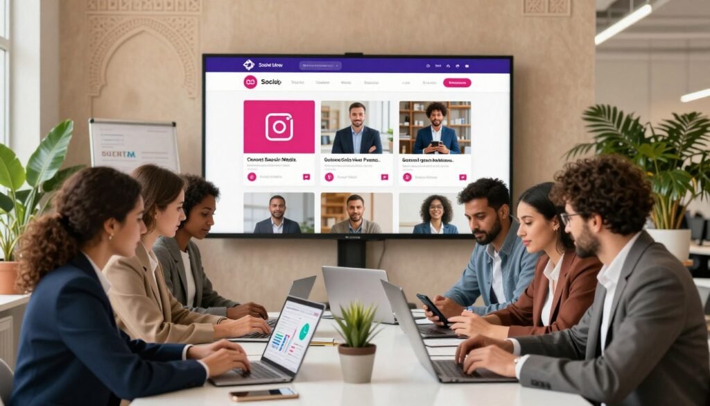 A dynamic and vibrant image illustrating social media strategies for businesses in Morocco. In the foreground, a diverse group of professionals, dressed in smart casual attire, are gathered around a modern table, engaging with laptops and smartphones, showcasing charts and digital content. The middle ground features a large screen displaying popular social media platforms with trending business posts. The background depicts a blend of traditional Moroccan architecture and a modern office setting, filled with plants and light, symbolizing innovation and cultural richness. The lighting is bright and inviting, suggesting a positive environment for creativity. Capture a productive and collaborative mood, emphasizing the fusion of local culture and contemporary business practices. A dynamic and vibrant image illustrating social media strategies for businesses in Morocco. In the foreground, a diverse group of professionals, dressed in smart casual attire, are gathered around a modern table, engaging with laptops and smartphones, showcasing charts and digital content. The middle ground features a large screen displaying popular social media platforms with trending business posts. The background depicts a blend of traditional Moroccan architecture and a modern office setting, filled with plants and light, symbolizing innovation and cultural richness. The lighting is bright and inviting, suggesting a positive environment for creativity. Capture a productive and collaborative mood, emphasizing the fusion of local culture and contemporary business practices.