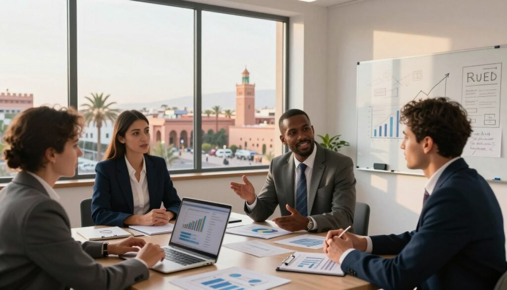 A dynamic business meeting scene set in a modern Moroccan office. In the foreground, a diverse group of four professionals in smart business attire are engaged in a lively discussion over a table filled with charts, graphs, and a laptop displaying market trends. In the middle distance, a large window showcases a view of the vibrant cityscape of Marrakech, with its distinctive architecture and palm trees, illuminated by the warm glow of late afternoon sunlight. The background features motivational business concepts on a whiteboard, emphasizing growth and strategy. Soft natural lighting filters through the window, casting a positive and inspiring atmosphere, highlighting teamwork and creativity in a successful business environment. A dynamic business meeting scene set in a modern Moroccan office. In the foreground, a diverse group of four professionals in smart business attire are engaged in a lively discussion over a table filled with charts, graphs, and a laptop displaying market trends. In the middle distance, a large window showcases a view of the vibrant cityscape of Marrakech, with its distinctive architecture and palm trees, illuminated by the warm glow of late afternoon sunlight. The background features motivational business concepts on a whiteboard, emphasizing growth and strategy. Soft natural lighting filters through the window, casting a positive and inspiring atmosphere, highlighting teamwork and creativity in a successful business environment.