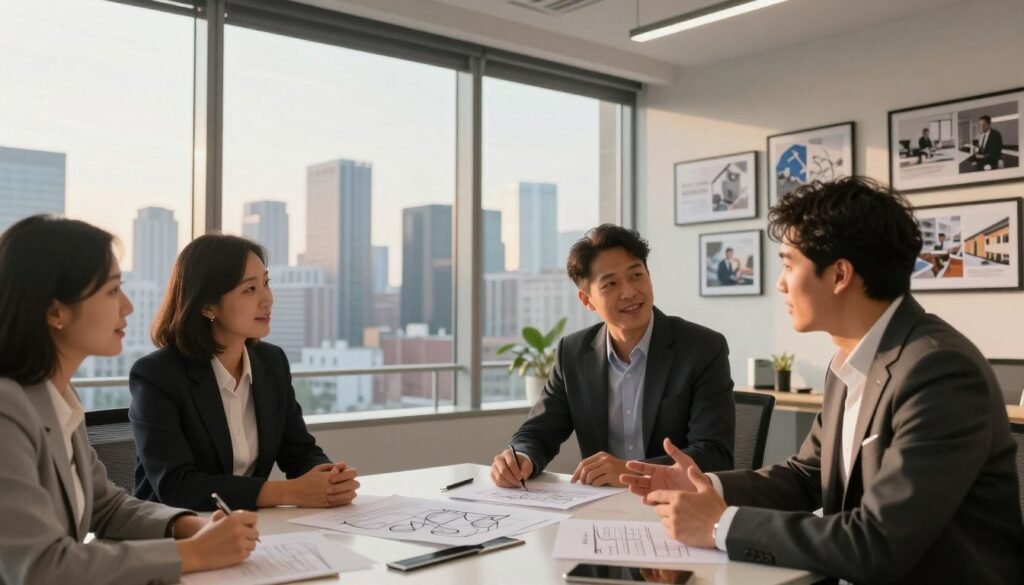 A dynamic, inspirational scene reflecting "entrepreneurial journey and achievements." In the foreground, a diverse group of three professionals dressed in smart business attire are engaged in a lively discussion, with sketches and documents spread out on a sleek conference table. In the middle, a large, modern office with glass windows showcases a view of a bustling city skyline during golden hour, casting warm, inviting light into the room. In the background, framed images of successful projects and achievements hang on the walls, symbolizing milestones in their journey. The atmosphere is collaborative and energetic, embodying ambition and innovation. The angle should be slightly above eye level, emphasizing both the people and the cityscape, enhancing the feeling of progress and achievement. A dynamic, inspirational scene reflecting "entrepreneurial journey and achievements." In the foreground, a diverse group of three professionals dressed in smart business attire are engaged in a lively discussion, with sketches and documents spread out on a sleek conference table. In the middle, a large, modern office with glass windows showcases a view of a bustling city skyline during golden hour, casting warm, inviting light into the room. In the background, framed images of successful projects and achievements hang on the walls, symbolizing milestones in their journey. The atmosphere is collaborative and energetic, embodying ambition and innovation. The angle should be slightly above eye level, emphasizing both the people and the cityscape, enhancing the feeling of progress and achievement.
