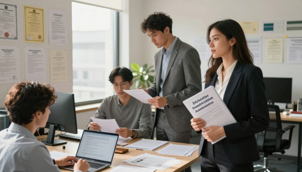 A dynamic office environment featuring a diverse group of business professionals engaged in a discussion about administrative registration. In the foreground, a well-dressed woman, holding a folder labeled "Déclaration Immatriculation Administrative," stands confidently next to a large desk cluttered with documents and a laptop. The middle layer showcases two men, one reviewing forms and the other pointing at a computer screen, all surrounded by a wall adorned with certificates and legal documents. The background includes a large window allowing natural light to flood the room, casting soft shadows and creating a warm, collaborative atmosphere. The composition is captured with a slightly angled perspective, enhancing the sense of engagement and focus within the team. The mood is one of professionalism and diligence, underscoring the importance of legal obligations for businesses. A dynamic office environment featuring a diverse group of business professionals engaged in a discussion about administrative registration. In the foreground, a well-dressed woman, holding a folder labeled "Déclaration Immatriculation Administrative," stands confidently next to a large desk cluttered with documents and a laptop. The middle layer showcases two men, one reviewing forms and the other pointing at a computer screen, all surrounded by a wall adorned with certificates and legal documents. The background includes a large window allowing natural light to flood the room, casting soft shadows and creating a warm, collaborative atmosphere. The composition is captured with a slightly angled perspective, enhancing the sense of engagement and focus within the team. The mood is one of professionalism and diligence, underscoring the importance of legal obligations for businesses.