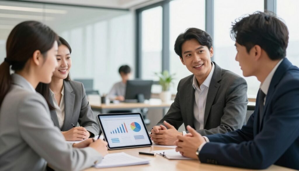 A dynamic office environment illustrating the strategic importance of soft skills in the professional world. In the foreground, a diverse group of three professionals, dressed in smart business attire, are engaged in a collaborative discussion around a conference table, showcasing effective communication and teamwork. In the middle, soft-focus elements such as a digital tablet displaying graphs and charts, emphasizing analytical skills and adaptability. The background features a modern office with large windows allowing natural light to pour in, creating a bright and optimistic atmosphere. The overall mood conveys a sense of collaboration, growth, and professionalism, highlighting the indispensable role of soft skills in achieving success. Bright, warm lighting enhances the positive vibe, while a shallow depth of field draws attention to the engaged professionals. A dynamic office environment illustrating the strategic importance of soft skills in the professional world. In the foreground, a diverse group of three professionals, dressed in smart business attire, are engaged in a collaborative discussion around a conference table, showcasing effective communication and teamwork. In the middle, soft-focus elements such as a digital tablet displaying graphs and charts, emphasizing analytical skills and adaptability. The background features a modern office with large windows allowing natural light to pour in, creating a bright and optimistic atmosphere. The overall mood conveys a sense of collaboration, growth, and professionalism, highlighting the indispensable role of soft skills in achieving success. Bright, warm lighting enhances the positive vibe, while a shallow depth of field draws attention to the engaged professionals.