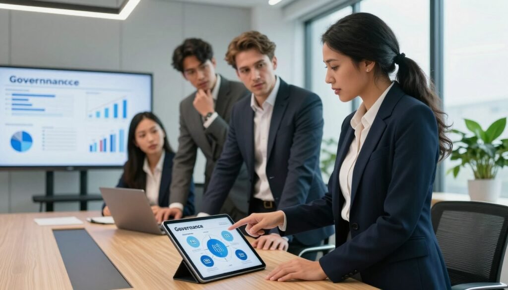 A dynamic office setting focused on corporate governance, showcasing a diverse group of three professionals in business attire collaborating over a large conference table. In the foreground, a confident woman of North African descent stands, pointing at a digital tablet displaying a governance framework. The middle ground features a thoughtful man of European descent and a woman of Asian descent engaging in discussion, with charts and graphs on a screen behind them. The background includes modern office decor with plants and large windows allowing natural light to flood in, enhancing the atmosphere of innovation and teamwork. The overall mood is focused and progressive, reflecting the integration of CSR into business governance. A dynamic office setting focused on corporate governance, showcasing a diverse group of three professionals in business attire collaborating over a large conference table. In the foreground, a confident woman of North African descent stands, pointing at a digital tablet displaying a governance framework. The middle ground features a thoughtful man of European descent and a woman of Asian descent engaging in discussion, with charts and graphs on a screen behind them. The background includes modern office decor with plants and large windows allowing natural light to flood in, enhancing the atmosphere of innovation and teamwork. The overall mood is focused and progressive, reflecting the integration of CSR into business governance.