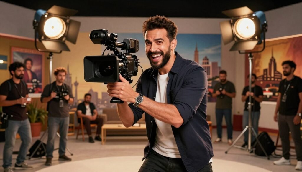 A dynamic portrait of Malik Bentalha, the successful comedian, immersed in his career in film and television. In the foreground, portray Malik in a smart casual outfit, engaging joyfully with a film camera, showcasing his charismatic personality. The middle ground features a movie set, with film lights positioned dramatically to cast warm, soft lighting that highlights his expressions. Subtle elements like directors, crew members, and movie posters decorate the scene, suggesting a vibrant working environment. The background captures silhouettes of iconic film and television landmarks, reflecting Malik’s achievements in the industry. The mood is energetic and celebratory, embodying the essence of a flourishing entertainment career, inviting the viewer to connect with his journey. A dynamic portrait of Malik Bentalha, the successful comedian, immersed in his career in film and television. In the foreground, portray Malik in a smart casual outfit, engaging joyfully with a film camera, showcasing his charismatic personality. The middle ground features a movie set, with film lights positioned dramatically to cast warm, soft lighting that highlights his expressions. Subtle elements like directors, crew members, and movie posters decorate the scene, suggesting a vibrant working environment. The background captures silhouettes of iconic film and television landmarks, reflecting Malik’s achievements in the industry. The mood is energetic and celebratory, embodying the essence of a flourishing entertainment career, inviting the viewer to connect with his journey.