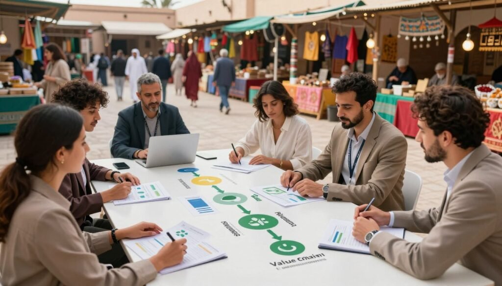 A dynamic representation of a "value chain" illustrating the benefits and impacts of responsible purchasing in Morocco. In the foreground, a diverse group of professionals in modest business attire collaborate around a modern conference table, examining charts and graphs showcasing sustainable practices. In the middle, a flowchart visually connects various stages of the value chain, emphasizing sustainable sourcing, production, and distribution, with arrows depicting positive outcomes for local communities and the environment. In the background, a lively market scene reflects Moroccan culture with vibrant colors and traditional elements, fostering a sense of local engagement. Soft, natural lighting creates an optimistic and inspiring atmosphere, suggesting growth and collaboration, shot from a slightly elevated angle for a comprehensive overview. A dynamic representation of a "value chain" illustrating the benefits and impacts of responsible purchasing in Morocco. In the foreground, a diverse group of professionals in modest business attire collaborate around a modern conference table, examining charts and graphs showcasing sustainable practices. In the middle, a flowchart visually connects various stages of the value chain, emphasizing sustainable sourcing, production, and distribution, with arrows depicting positive outcomes for local communities and the environment. In the background, a lively market scene reflects Moroccan culture with vibrant colors and traditional elements, fostering a sense of local engagement. Soft, natural lighting creates an optimistic and inspiring atmosphere, suggesting growth and collaboration, shot from a slightly elevated angle for a comprehensive overview.
