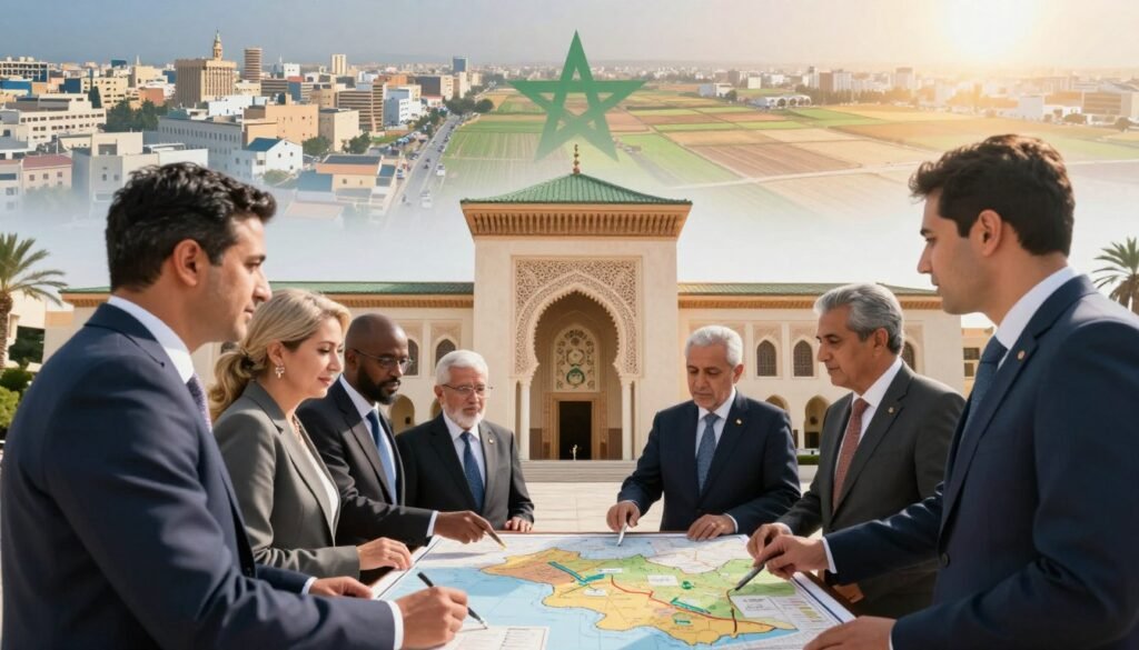 A dynamic representation of government policy implementation, focusing on Morocco. In the foreground, a diverse group of professionals in business attire discusses strategies over a detailed map of Morocco, demonstrating collaboration. The middle ground features an official building with Moroccan architectural elements, symbolizing government authority. In the background, soft-focus images of bustling urban scenes and agricultural fields reflect the varying sectors impacted by these measures. The image is illuminated by warm, natural light, suggesting positivity and growth, while an upward camera angle conveys hope and ambition. The atmosphere is professional and optimistic, capturing the essence of governmental support and investment in the nation's development. A dynamic representation of government policy implementation, focusing on Morocco. In the foreground, a diverse group of professionals in business attire discusses strategies over a detailed map of Morocco, demonstrating collaboration. The middle ground features an official building with Moroccan architectural elements, symbolizing government authority. In the background, soft-focus images of bustling urban scenes and agricultural fields reflect the varying sectors impacted by these measures. The image is illuminated by warm, natural light, suggesting positivity and growth, while an upward camera angle conveys hope and ambition. The atmosphere is professional and optimistic, capturing the essence of governmental support and investment in the nation's development.