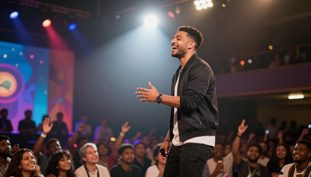 A dynamic scene capturing Malik Bentalha on stage, embodying the transition from live performance to television. In the foreground, Malik, dressed in smart casual attire, is animatedly engaging with the audience, laughter and energy radiating from his presence. The middle features a spotlight illuminating him against a vibrant backdrop of colorful stage lights, emphasizing his charismatic persona. In the background, silhouettes of the audience enliven the atmosphere, depicting an enthusiastic crowd enjoying the performance. The lighting is warm and inviting, creating an intimate yet energetic vibe. Use a slightly low angle to accentuate Malik’s stature and charisma, evoking a sense of connection between the performer and his fans. The overall mood is joyful and celebratory, reflecting the essence of Malik's career journey from the stage to the screen. A dynamic scene capturing Malik Bentalha on stage, embodying the transition from live performance to television. In the foreground, Malik, dressed in smart casual attire, is animatedly engaging with the audience, laughter and energy radiating from his presence. The middle features a spotlight illuminating him against a vibrant backdrop of colorful stage lights, emphasizing his charismatic persona. In the background, silhouettes of the audience enliven the atmosphere, depicting an enthusiastic crowd enjoying the performance. The lighting is warm and inviting, creating an intimate yet energetic vibe. Use a slightly low angle to accentuate Malik’s stature and charisma, evoking a sense of connection between the performer and his fans. The overall mood is joyful and celebratory, reflecting the essence of Malik's career journey from the stage to the screen.