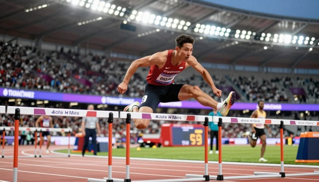 A dynamic scene capturing a 400m hurdles race at the World Championships, featuring a male athlete in professional running attire, showcasing intense focus and determination as he approaches the final hurdle. In the foreground, the athlete is mid-stride, muscles defined and expressions showcasing a mix of effort and concentration. The middle ground is filled with the vibrant colors of the track, with blurred silhouettes of cheering fans in the stands, creating an energetic atmosphere. The background depicts a grand stadium under bright floodlights, emphasizing the excitement of a world-class event. The angle captures a low perspective, making the athlete appear heroic, surrounded by the lively spirit of competition and triumph. The overall mood is inspiring and triumphant, embodying the essence of international athletics. A dynamic scene capturing a 400m hurdles race at the World Championships, featuring a male athlete in professional running attire, showcasing intense focus and determination as he approaches the final hurdle. In the foreground, the athlete is mid-stride, muscles defined and expressions showcasing a mix of effort and concentration. The middle ground is filled with the vibrant colors of the track, with blurred silhouettes of cheering fans in the stands, creating an energetic atmosphere. The background depicts a grand stadium under bright floodlights, emphasizing the excitement of a world-class event. The angle captures a low perspective, making the athlete appear heroic, surrounded by the lively spirit of competition and triumph. The overall mood is inspiring and triumphant, embodying the essence of international athletics.