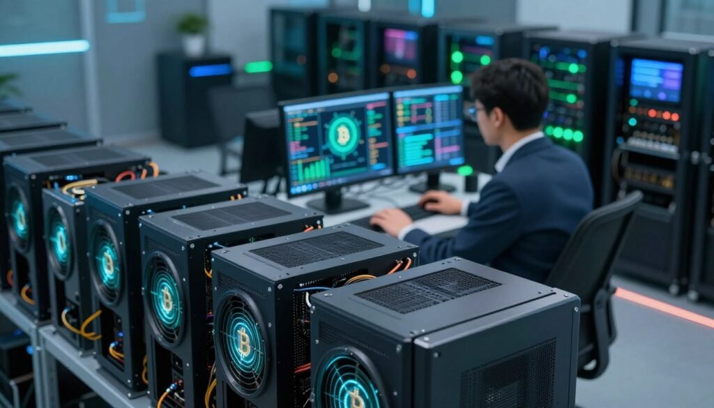 A dynamic scene depicting Bitcoin mining, featuring a sleek, modern cryptocurrency mining rig in the foreground with glowing graphics cards and LED lights. In the middle ground, show a professional technician wearing business attire, focused on monitoring computer screens with complex data visualizations related to Bitcoin mining activities. The background should include a high-tech data center filled with rows of mining rigs, with soft blue and green ambient lighting creating an innovative atmosphere. The angle should be slightly elevated, capturing the depth of the room and emphasizing the bustling activity. Aim for a sense of excitement and technological advancement, underscoring the fundamentals of Bitcoin in the cryptocurrency universe. A dynamic scene depicting Bitcoin mining, featuring a sleek, modern cryptocurrency mining rig in the foreground with glowing graphics cards and LED lights. In the middle ground, show a professional technician wearing business attire, focused on monitoring computer screens with complex data visualizations related to Bitcoin mining activities. The background should include a high-tech data center filled with rows of mining rigs, with soft blue and green ambient lighting creating an innovative atmosphere. The angle should be slightly elevated, capturing the depth of the room and emphasizing the bustling activity. Aim for a sense of excitement and technological advancement, underscoring the fundamentals of Bitcoin in the cryptocurrency universe.
