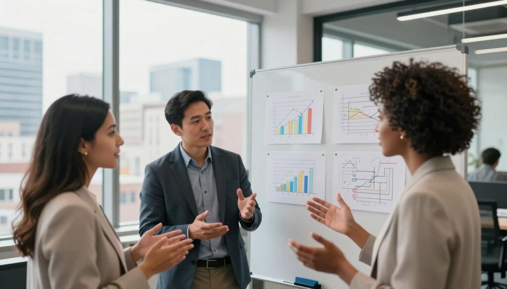 A dynamic scene depicting strategic partnerships among diverse entrepreneurs in a modern office setting. In the foreground, a group of three entrepreneurs—one woman of Moroccan descent, one Asian man, and one Black woman—are engaged in an animated discussion, all dressed in professional business attire. In the middle ground, a whiteboard filled with charts and sketches represents their brainstorming session. The background features large windows with a panoramic view of a bustling cityscape, symbolizing opportunity. Soft, natural light pours in, creating an optimistic atmosphere. The camera angle is slightly elevated, providing a clear view of the interactions while emphasizing the collaborative environment. The mood is inspiring and transformative, highlighting a clear path to entrepreneurial success through strategic partnerships. A dynamic scene depicting strategic partnerships among diverse entrepreneurs in a modern office setting. In the foreground, a group of three entrepreneurs—one woman of Moroccan descent, one Asian man, and one Black woman—are engaged in an animated discussion, all dressed in professional business attire. In the middle ground, a whiteboard filled with charts and sketches represents their brainstorming session. The background features large windows with a panoramic view of a bustling cityscape, symbolizing opportunity. Soft, natural light pours in, creating an optimistic atmosphere. The camera angle is slightly elevated, providing a clear view of the interactions while emphasizing the collaborative environment. The mood is inspiring and transformative, highlighting a clear path to entrepreneurial success through strategic partnerships.