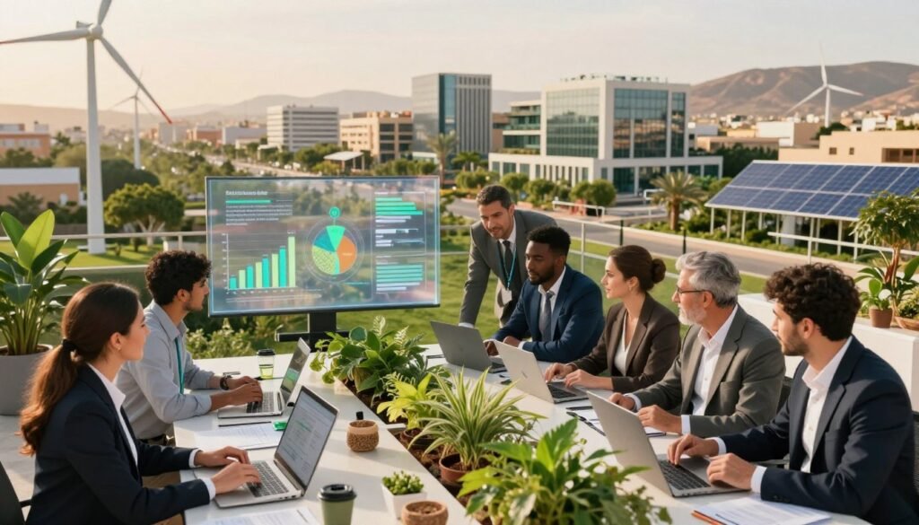 A dynamic scene depicting sustainable development strategies in a Moroccan context. In the foreground, a diverse group of professionals in business attire collaborates around a table filled with green plants, eco-friendly materials, and digital tools. The middle ground features a transparent screen showcasing graphs and diagrams related to resource optimization. In the background, a modern cityscape interspersed with greenery symbolizes eco-friendly architecture and renewable energy sources like wind turbines and solar panels. The lighting is warm and inviting, with a soft golden hour glow illuminating the scene, creating an optimistic atmosphere of innovation and teamwork focused on a sustainable future. The perspective is from slightly above eye level to capture the collaboration and the vibrant environment. A dynamic scene depicting sustainable development strategies in a Moroccan context. In the foreground, a diverse group of professionals in business attire collaborates around a table filled with green plants, eco-friendly materials, and digital tools. The middle ground features a transparent screen showcasing graphs and diagrams related to resource optimization. In the background, a modern cityscape interspersed with greenery symbolizes eco-friendly architecture and renewable energy sources like wind turbines and solar panels. The lighting is warm and inviting, with a soft golden hour glow illuminating the scene, creating an optimistic atmosphere of innovation and teamwork focused on a sustainable future. The perspective is from slightly above eye level to capture the collaboration and the vibrant environment.