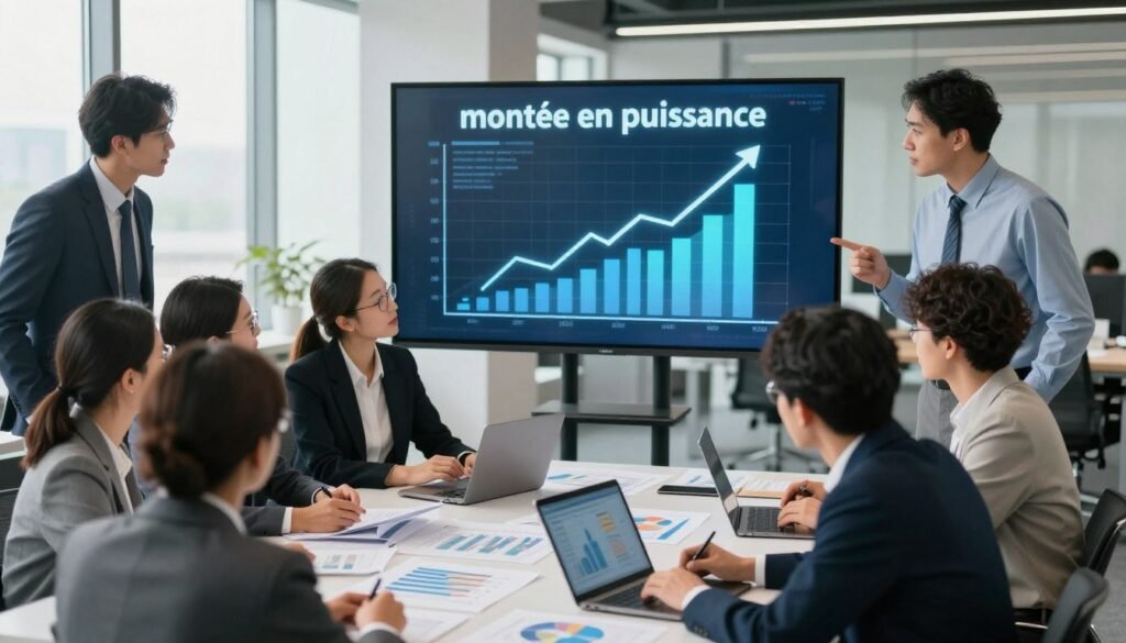 A dynamic scene depicting the concept of "montée en puissance" in a business context. In the foreground, a diverse group of professionals in business attire, including a woman with glasses and a man with a laptop, are engaged in a strategic discussion, surrounded by charts and graphs symbolizing growth. In the middle ground, a large digital display shows an upward trend graph, illustrating progress and successful iterations. The background features a modern office environment with large windows, allowing natural light to pour in, creating an inspiring atmosphere. The perspective should be from a slightly elevated angle, capturing both the engaged professionals and the visual representations of growth. The overall mood is one of ambition and clarity, highlighting the transition from experimentation to scaling successful ideas. A dynamic scene depicting the concept of "montée en puissance" in a business context. In the foreground, a diverse group of professionals in business attire, including a woman with glasses and a man with a laptop, are engaged in a strategic discussion, surrounded by charts and graphs symbolizing growth. In the middle ground, a large digital display shows an upward trend graph, illustrating progress and successful iterations. The background features a modern office environment with large windows, allowing natural light to pour in, creating an inspiring atmosphere. The perspective should be from a slightly elevated angle, capturing both the engaged professionals and the visual representations of growth. The overall mood is one of ambition and clarity, highlighting the transition from experimentation to scaling successful ideas.