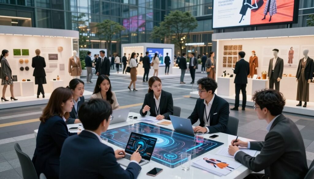 A dynamic scene depicting the intersection of fashion and commerce innovation. In the foreground, a diverse group of professionals dressed in smart business attire is engaged in a collaborative brainstorming session around a sleek, futuristic table adorned with digital interfaces and fashion prototypes. In the middle ground, innovative displays showcase cutting-edge fashion designs and sustainable materials, reflecting eco-conscious production methods. The background features a stylish urban landscape with glass buildings and digital billboards promoting fashion technology. Soft, focused lighting highlights the figures and designs, creating an inspiring and vibrant atmosphere. The angle is slightly elevated, capturing the buzz of innovation and the impact of commerce on the fashion industry, communicating creativity and forward-thinking. A dynamic scene depicting the intersection of fashion and commerce innovation. In the foreground, a diverse group of professionals dressed in smart business attire is engaged in a collaborative brainstorming session around a sleek, futuristic table adorned with digital interfaces and fashion prototypes. In the middle ground, innovative displays showcase cutting-edge fashion designs and sustainable materials, reflecting eco-conscious production methods. The background features a stylish urban landscape with glass buildings and digital billboards promoting fashion technology. Soft, focused lighting highlights the figures and designs, creating an inspiring and vibrant atmosphere. The angle is slightly elevated, capturing the buzz of innovation and the impact of commerce on the fashion industry, communicating creativity and forward-thinking.