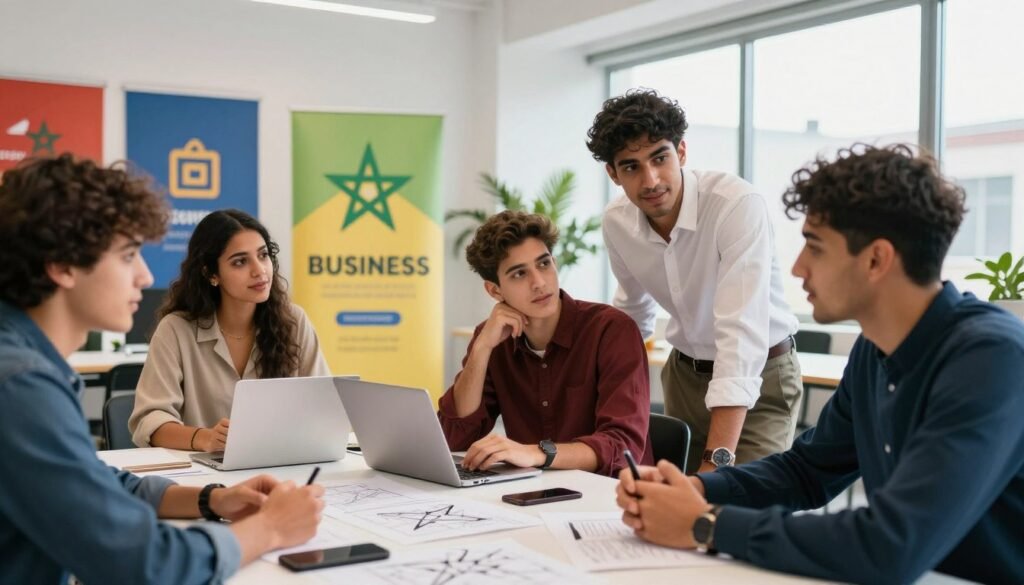 A dynamic scene depicting young Moroccan entrepreneurs engaged in brainstorming and collaboration. In the foreground, a diverse group of three young individuals, dressed in smart casual attire, are gathered around a table filled with sketches, laptops, and smartphones, showcasing innovative ideas. In the middle ground, colorful banners displaying symbols of business and innovation hang on walls, alongside plants to add vibrancy. The background features a bright, modern co-working space with large windows allowing natural light to flood in, enhancing a productive atmosphere. The overall mood is energetic and inspiring, capturing the essence of entrepreneurship in Morocco. The composition is well-lit, with a focus on the entrepreneurs' facial expressions, highlighting their determination and creativity. A dynamic scene depicting young Moroccan entrepreneurs engaged in brainstorming and collaboration. In the foreground, a diverse group of three young individuals, dressed in smart casual attire, are gathered around a table filled with sketches, laptops, and smartphones, showcasing innovative ideas. In the middle ground, colorful banners displaying symbols of business and innovation hang on walls, alongside plants to add vibrancy. The background features a bright, modern co-working space with large windows allowing natural light to flood in, enhancing a productive atmosphere. The overall mood is energetic and inspiring, capturing the essence of entrepreneurship in Morocco. The composition is well-lit, with a focus on the entrepreneurs' facial expressions, highlighting their determination and creativity.