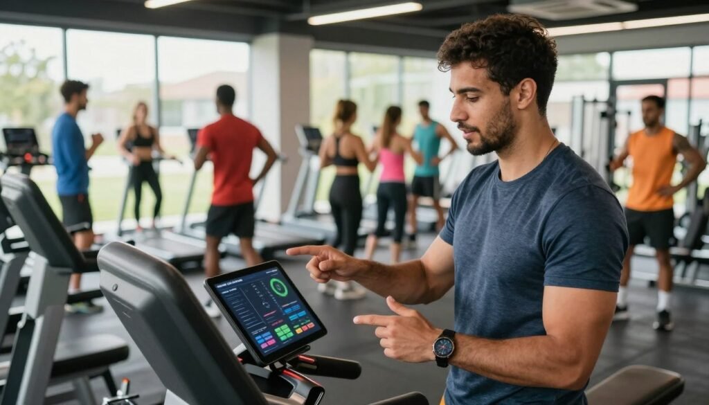 A dynamic scene of a modern sports entrepreneur in a vibrant gym setting. In the foreground, a young Moroccan man in professional casual attire discusses plans with a diverse team, showcasing an air of collaboration and innovation. The middle ground features an array of high-tech fitness equipment, energetic individuals engaging in various sports activities, emphasizing the theme of well-being and entrepreneurship. In the background, large windows reveal a sunny outdoor view, symbolizing growth and opportunity. The lighting is bright and motivational, creating an uplifting atmosphere. The angle captures the entrepreneur's confident expression as he gestures towards a digital tablet displaying sports business analytics, illustrating the fusion of sports and business. A dynamic scene of a modern sports entrepreneur in a vibrant gym setting. In the foreground, a young Moroccan man in professional casual attire discusses plans with a diverse team, showcasing an air of collaboration and innovation. The middle ground features an array of high-tech fitness equipment, energetic individuals engaging in various sports activities, emphasizing the theme of well-being and entrepreneurship. In the background, large windows reveal a sunny outdoor view, symbolizing growth and opportunity. The lighting is bright and motivational, creating an uplifting atmosphere. The angle captures the entrepreneur's confident expression as he gestures towards a digital tablet displaying sports business analytics, illustrating the fusion of sports and business.
