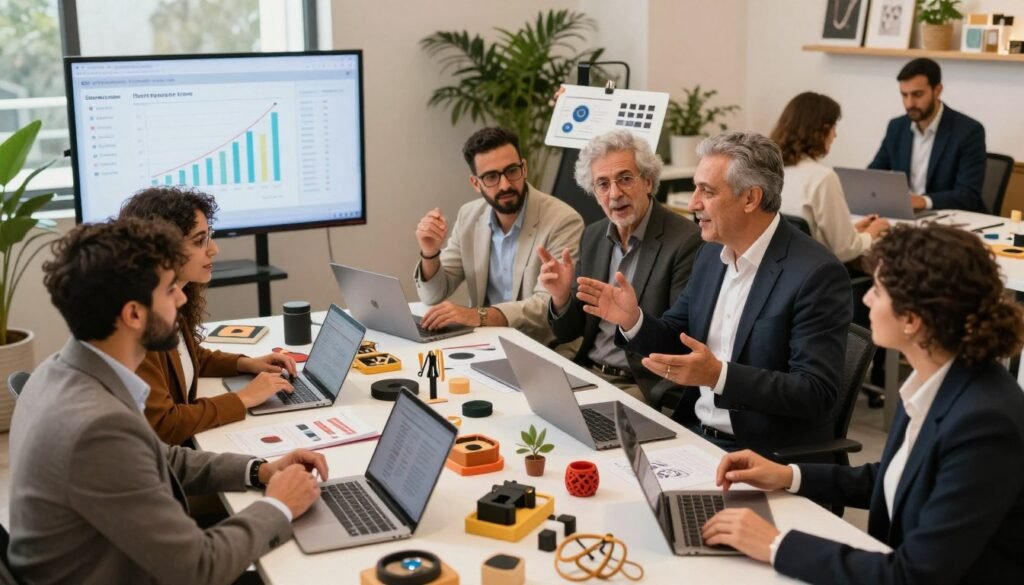 A dynamic scene showcasing successful crowdfunding projects in Morocco. In the foreground, a diverse group of professionals, including men and women of various ages, gather around a table overflowing with prototype products – innovative tech gadgets, handcrafted items, and artistic creations. They are dressed in professional business attire, engaging in animated discussions and exchanging ideas with enthusiasm. The middle ground features a large screen displaying graphs and metrics illustrating project success, while additional team members collaborate with laptops and charts. The background reveals a bright, modern workspace filled with plants and creative decor, enhancing the atmosphere of innovation and teamwork. The lighting is warm and inviting, creating a sense of optimism and opportunity, captured from a slightly elevated angle to provide depth and context. A dynamic scene showcasing successful crowdfunding projects in Morocco. In the foreground, a diverse group of professionals, including men and women of various ages, gather around a table overflowing with prototype products – innovative tech gadgets, handcrafted items, and artistic creations. They are dressed in professional business attire, engaging in animated discussions and exchanging ideas with enthusiasm. The middle ground features a large screen displaying graphs and metrics illustrating project success, while additional team members collaborate with laptops and charts. The background reveals a bright, modern workspace filled with plants and creative decor, enhancing the atmosphere of innovation and teamwork. The lighting is warm and inviting, creating a sense of optimism and opportunity, captured from a slightly elevated angle to provide depth and context.