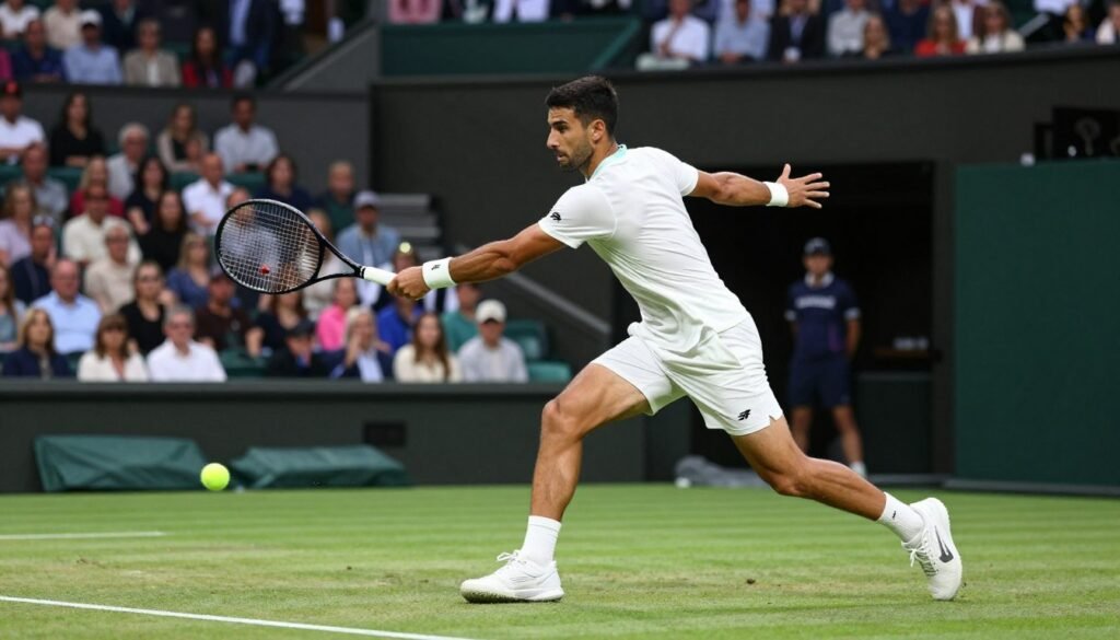 A dynamic tennis match scene capturing the unique playing style of Younes El Aynaoui. In the foreground, a male athlete dressed in a white professional tennis outfit is executing a powerful backhand stroke. His focused expression showcases determination and skill. In the middle ground, a vibrant green grass court is visible, with the ball in mid-air, highlighting the action. In the background, a cheering crowd can be seen, with blurred faces to maintain focus on the player. Bright stadium lights create a lively atmosphere, casting soft shadows on the court. The angle is slightly below eye level to enhance the player’s movement and the energy of the moment. The overall mood is one of competitive spirit and athletic excellence, emphasizing performance and style on the court. A dynamic tennis match scene capturing the unique playing style of Younes El Aynaoui. In the foreground, a male athlete dressed in a white professional tennis outfit is executing a powerful backhand stroke. His focused expression showcases determination and skill. In the middle ground, a vibrant green grass court is visible, with the ball in mid-air, highlighting the action. In the background, a cheering crowd can be seen, with blurred faces to maintain focus on the player. Bright stadium lights create a lively atmosphere, casting soft shadows on the court. The angle is slightly below eye level to enhance the player’s movement and the energy of the moment. The overall mood is one of competitive spirit and athletic excellence, emphasizing performance and style on the court.