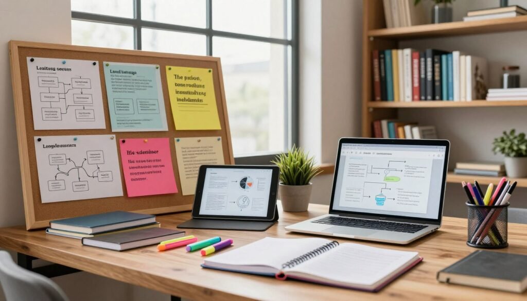 A dynamic workspace showcasing tools and resources for skill acquisition. In the foreground, an organized wooden desk filled with professional notebooks, highlighters, a laptop, and a tablet displaying diagrams. To the middle, a bulletin board pinned with colorful charts, flow diagrams, and inspirational quotes about learning. In the background, a large window lets in soft, natural light, illuminating the room filled with shelves of books on various technical skills. The atmosphere conveys productivity and motivation, with a warm color palette of earthy tones and splashes of vibrant color from the materials. Capture this scene from a slightly angled perspective, emphasizing the depth of the workspace while keeping everything in focus. A dynamic workspace showcasing tools and resources for skill acquisition. In the foreground, an organized wooden desk filled with professional notebooks, highlighters, a laptop, and a tablet displaying diagrams. To the middle, a bulletin board pinned with colorful charts, flow diagrams, and inspirational quotes about learning. In the background, a large window lets in soft, natural light, illuminating the room filled with shelves of books on various technical skills. The atmosphere conveys productivity and motivation, with a warm color palette of earthy tones and splashes of vibrant color from the materials. Capture this scene from a slightly angled perspective, emphasizing the depth of the workspace while keeping everything in focus.