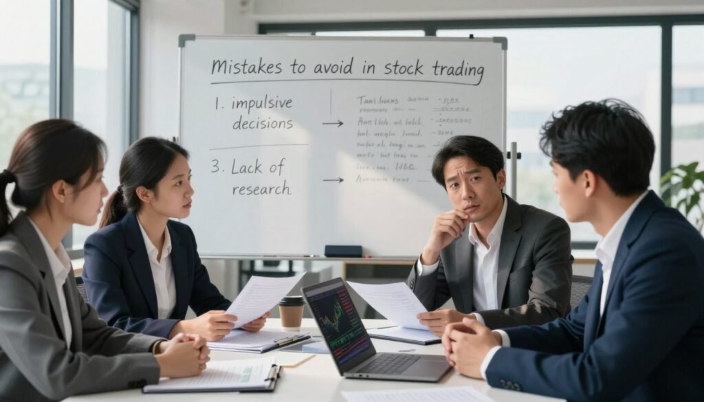 A focused composition illustrating the theme of "mistakes to avoid in stock trading." In the foreground, a diverse group of three professionals, dressed in smart business attire, engage in a serious discussion around a table cluttered with financial documents, a laptop displaying stock charts, and a cup of coffee. In the middle ground, a whiteboard filled with handwritten notes highlighting common trading errors, like 'impulsive decisions' and 'lack of research.' The background features a modern office setting with large windows letting in natural light, casting soft shadows across the scene. The overall mood is one of caution and diligence, aimed at imparting the importance of learning from mistakes in investing. A focused composition illustrating the theme of "mistakes to avoid in stock trading." In the foreground, a diverse group of three professionals, dressed in smart business attire, engage in a serious discussion around a table cluttered with financial documents, a laptop displaying stock charts, and a cup of coffee. In the middle ground, a whiteboard filled with handwritten notes highlighting common trading errors, like 'impulsive decisions' and 'lack of research.' The background features a modern office setting with large windows letting in natural light, casting soft shadows across the scene. The overall mood is one of caution and diligence, aimed at imparting the importance of learning from mistakes in investing.