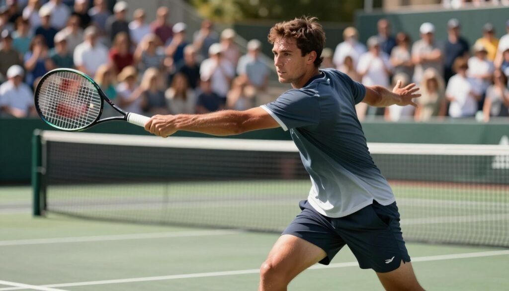 A focused tennis player, embodying resilience and determination, is captured in a dynamic action shot on a vibrant, sunlit outdoor court. The foreground features the athlete, dressed in a stylish and modest sports outfit, executing a powerful forehand stroke, sweat glistening on their brow, showcasing their intense concentration. In the middle ground, tennis nets and racquet gear are slightly blurred, emphasizing the player's motion. In the background, a cheering crowd is faintly visible, their faces filled with admiration, illustrating the support that fuels the player's drive. The lighting is natural, casting soft shadows and creating a warm atmosphere that conveys triumph and perseverance. The angle captures the excitement of the moment, highlighting the player's strength and spirit in the face of challenges. A focused tennis player, embodying resilience and determination, is captured in a dynamic action shot on a vibrant, sunlit outdoor court. The foreground features the athlete, dressed in a stylish and modest sports outfit, executing a powerful forehand stroke, sweat glistening on their brow, showcasing their intense concentration. In the middle ground, tennis nets and racquet gear are slightly blurred, emphasizing the player's motion. In the background, a cheering crowd is faintly visible, their faces filled with admiration, illustrating the support that fuels the player's drive. The lighting is natural, casting soft shadows and creating a warm atmosphere that conveys triumph and perseverance. The angle captures the excitement of the moment, highlighting the player's strength and spirit in the face of challenges.