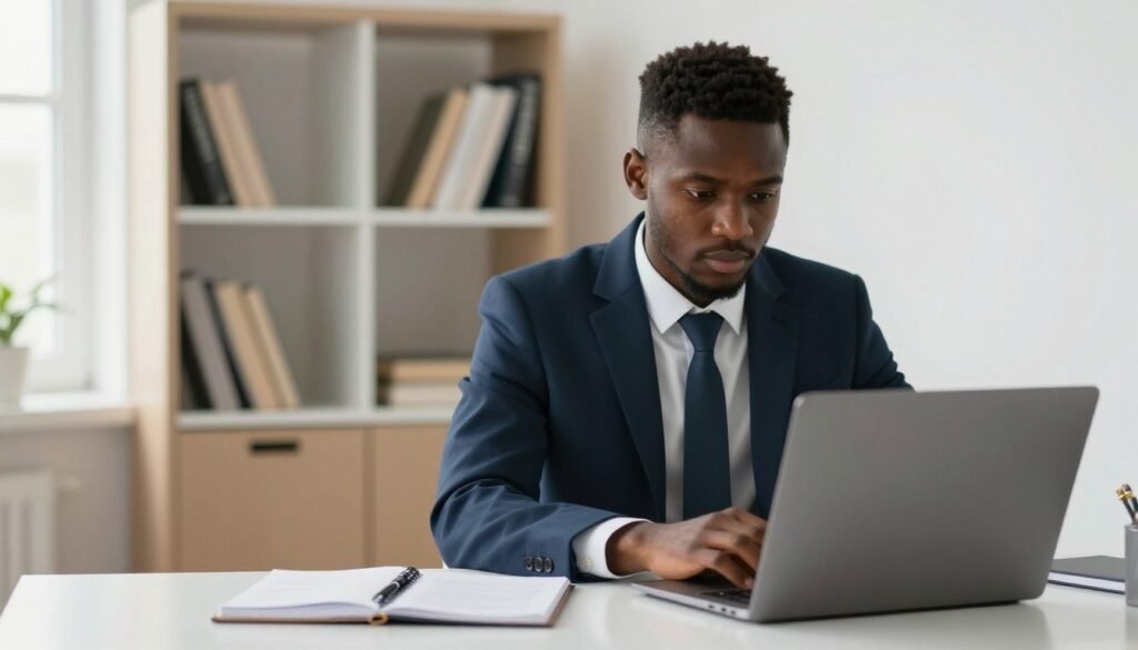 A focused young African man dressed in a smart, professional business suit, seated at a modern desk with a laptop open in front of him, highlighting the theme of job interview preparation. In the foreground, a notebook and a pen are neatly placed beside the laptop, suggesting meticulous planning. The middle background features a well-organized bookshelf filled with career development books. Natural light floods in from a nearby window, softening the overall look, creating a calm yet determined atmosphere. The angle captures both the candidate's intense expression and the workspace, suggesting a sense of purpose and readiness for success. The overall mood is professional and aspirational. A focused young African man dressed in a smart, professional business suit, seated at a modern desk with a laptop open in front of him, highlighting the theme of job interview preparation. In the foreground, a notebook and a pen are neatly placed beside the laptop, suggesting meticulous planning. The middle background features a well-organized bookshelf filled with career development books. Natural light floods in from a nearby window, softening the overall look, creating a calm yet determined atmosphere. The angle captures both the candidate's intense expression and the workspace, suggesting a sense of purpose and readiness for success. The overall mood is professional and aspirational.