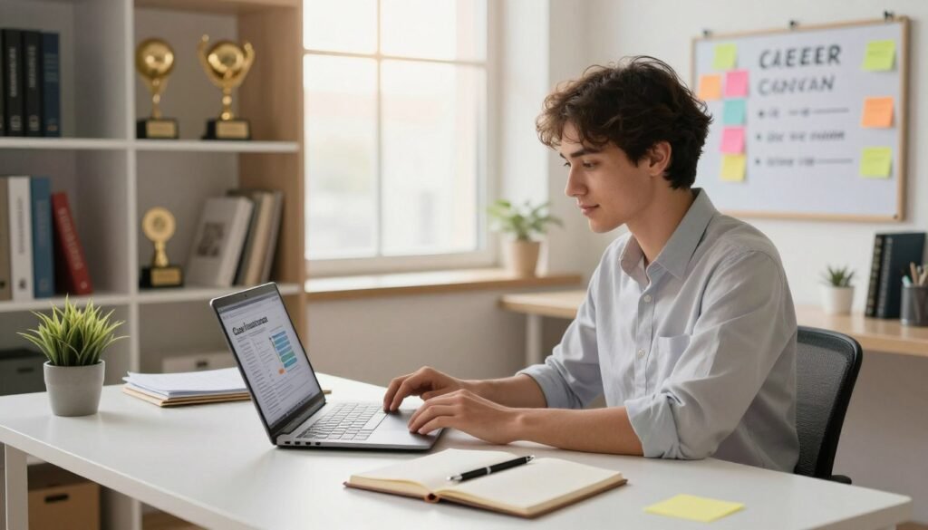 A focused young professional sitting at a modern desk in an office environment, surrounded by items representing clear career goals, such as a laptop displaying a project plan, colorful sticky notes, and a vision board featuring aspirations. The foreground highlights a well-organized workspace with a notepad and a pen. In the middle, soft natural light filters through a window, casting a warm glow over the scene. The background features bookshelves filled with career development books and awards, emphasizing professionalism. Use a slightly elevated angle to capture the depth of the space. The mood is optimistic and productive, reflecting clarity in professional objectives, suitable for an article on establishing a clear career project in Morocco. A focused young professional sitting at a modern desk in an office environment, surrounded by items representing clear career goals, such as a laptop displaying a project plan, colorful sticky notes, and a vision board featuring aspirations. The foreground highlights a well-organized workspace with a notepad and a pen. In the middle, soft natural light filters through a window, casting a warm glow over the scene. The background features bookshelves filled with career development books and awards, emphasizing professionalism. Use a slightly elevated angle to capture the depth of the space. The mood is optimistic and productive, reflecting clarity in professional objectives, suitable for an article on establishing a clear career project in Morocco.