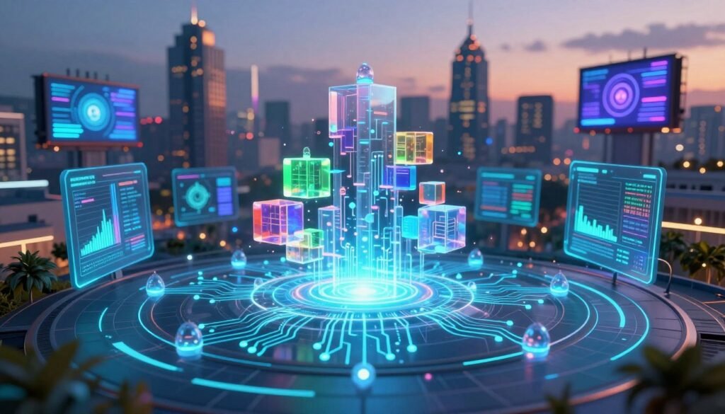A futuristic and vibrant digital landscape symbolizing the concepts of smart contracts on the DeFi blockchain. In the foreground, a visually striking representation of smart contracts depicted as glowing, interconnected nodes with intricate circuit patterns, surrounded by holographic interfaces displaying financial data. In the middle ground, an abstract representation of a blockchain structure with translucent blocks that shimmer in various colors, suggesting transparency and security. The background features a city skyline bathed in twilight, with digital billboards showcasing the latest crypto trends. The overall atmosphere is innovative and optimistic, illuminated by blue and green neon lights, conveying the excitement of new trends and innovations within the crypto ecosystem. Shot with a 50mm lens to create a sense of depth. A futuristic and vibrant digital landscape symbolizing the concepts of smart contracts on the DeFi blockchain. In the foreground, a visually striking representation of smart contracts depicted as glowing, interconnected nodes with intricate circuit patterns, surrounded by holographic interfaces displaying financial data. In the middle ground, an abstract representation of a blockchain structure with translucent blocks that shimmer in various colors, suggesting transparency and security. The background features a city skyline bathed in twilight, with digital billboards showcasing the latest crypto trends. The overall atmosphere is innovative and optimistic, illuminated by blue and green neon lights, conveying the excitement of new trends and innovations within the crypto ecosystem. Shot with a 50mm lens to create a sense of depth.