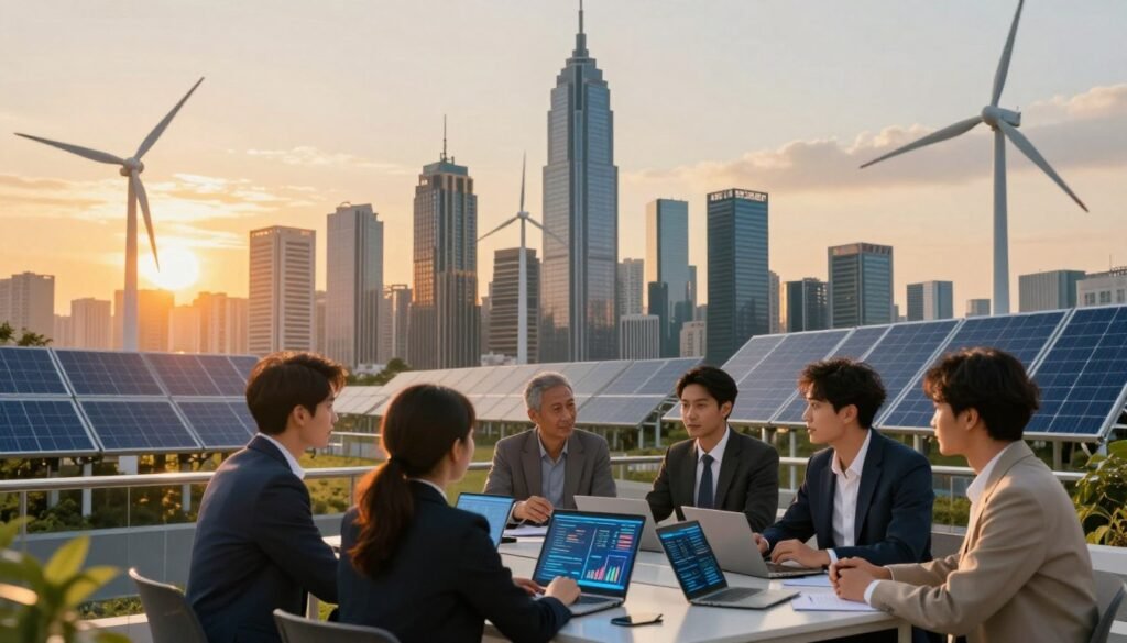 A futuristic cityscape showcasing renewable energy innovations. In the foreground, a diverse group of business professionals in smart casual attire discuss around a table adorned with digital devices and visual charts representing investment data. The middle ground features modern wind turbines and solar panels integrated into sleek skyscrapers, symbolizing a transition to sustainable energy sources. In the background, a vibrant sunset casts warm, golden light over the city, enhancing the optimistic atmosphere. The image captures a sense of collaboration and technological advancement, with sharp focus and soft bokeh effects to emphasize the professionals and their innovative environment. Overall, the scene conveys hope and progress towards responsible investment in sustainable finance. A futuristic cityscape showcasing renewable energy innovations. In the foreground, a diverse group of business professionals in smart casual attire discuss around a table adorned with digital devices and visual charts representing investment data. The middle ground features modern wind turbines and solar panels integrated into sleek skyscrapers, symbolizing a transition to sustainable energy sources. In the background, a vibrant sunset casts warm, golden light over the city, enhancing the optimistic atmosphere. The image captures a sense of collaboration and technological advancement, with sharp focus and soft bokeh effects to emphasize the professionals and their innovative environment. Overall, the scene conveys hope and progress towards responsible investment in sustainable finance.
