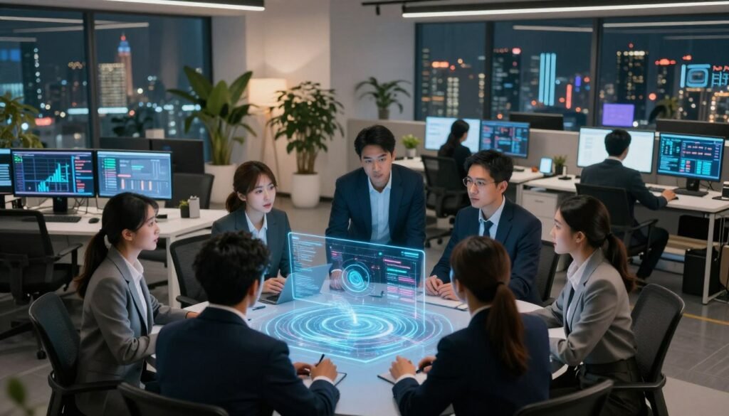 A futuristic data science workspace showcasing current challenges and future trends in big data. In the foreground, a diverse group of professionals, dressed in smart business attire, is engaged in a heated discussion around a holographic data visualization display, illustrating complex datasets. In the middle ground, advanced computer screens show real-time analytics and graphs amidst a backdrop of a modern office filled with sleek furniture and potted plants. The background features a city skyline through large windows, hinting at the digital world beyond. Soft, ambient lighting casts a warm glow on the scene, creating a focus on collaboration and innovation. The atmosphere is dynamic and inspiring, reflecting the pulse of the data-driven future. A futuristic data science workspace showcasing current challenges and future trends in big data. In the foreground, a diverse group of professionals, dressed in smart business attire, is engaged in a heated discussion around a holographic data visualization display, illustrating complex datasets. In the middle ground, advanced computer screens show real-time analytics and graphs amidst a backdrop of a modern office filled with sleek furniture and potted plants. The background features a city skyline through large windows, hinting at the digital world beyond. Soft, ambient lighting casts a warm glow on the scene, creating a focus on collaboration and innovation. The atmosphere is dynamic and inspiring, reflecting the pulse of the data-driven future.