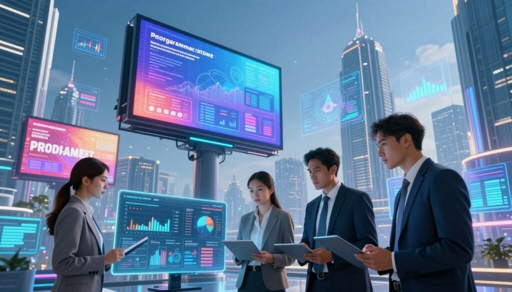 A futuristic digital landscape showcasing programmatic advertising in action. In the foreground, a diverse group of three professionals, dressed in smart business attire, are analyzing data displayed on transparent screens, their expressions focused and engaged. In the middle ground, vibrant digital billboards flash targeted ads, surrounded by virtual graphs and analytics floating in the air, emphasizing automation and real-time bidding processes. The background features an innovative cityscape with skyscrapers integrated with technology and artificial intelligence themes, under a bright blue sky. Use dramatic lighting to highlight the screens and create a dynamic, high-tech atmosphere. The angle should be slightly elevated, giving a sense of depth and immersion in the digital world of programmatic advertising. A futuristic digital landscape showcasing programmatic advertising in action. In the foreground, a diverse group of three professionals, dressed in smart business attire, are analyzing data displayed on transparent screens, their expressions focused and engaged. In the middle ground, vibrant digital billboards flash targeted ads, surrounded by virtual graphs and analytics floating in the air, emphasizing automation and real-time bidding processes. The background features an innovative cityscape with skyscrapers integrated with technology and artificial intelligence themes, under a bright blue sky. Use dramatic lighting to highlight the screens and create a dynamic, high-tech atmosphere. The angle should be slightly elevated, giving a sense of depth and immersion in the digital world of programmatic advertising.