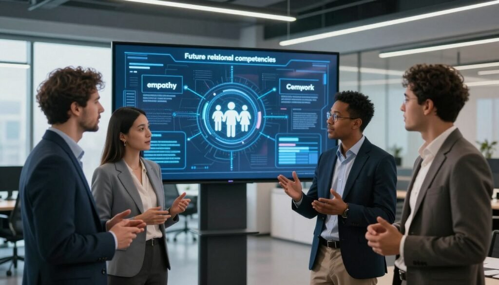 A futuristic meeting space filled with diverse professionals engaged in dynamic conversation, highlighting emerging relational skills. In the foreground, a group of three individuals—two men and a woman—dressed in smart business attire, are discussing ideas enthusiastically, showcasing body language and facial expressions that reflect collaboration and innovation. The middle ground features a large interactive digital screen displaying concepts related to future relational competencies, such as empathy, teamwork, and communication. The background captures a sleek, modern office environment with subtle natural light filtering through large windows, contributing to a productive atmosphere. The overall mood is inspiring and forward-thinking, emphasizing the importance of developing interpersonal skills for future success. A futuristic meeting space filled with diverse professionals engaged in dynamic conversation, highlighting emerging relational skills. In the foreground, a group of three individuals—two men and a woman—dressed in smart business attire, are discussing ideas enthusiastically, showcasing body language and facial expressions that reflect collaboration and innovation. The middle ground features a large interactive digital screen displaying concepts related to future relational competencies, such as empathy, teamwork, and communication. The background captures a sleek, modern office environment with subtle natural light filtering through large windows, contributing to a productive atmosphere. The overall mood is inspiring and forward-thinking, emphasizing the importance of developing interpersonal skills for future success.