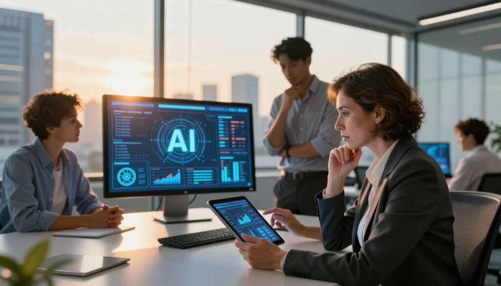 A futuristic office environment showcasing a team of diverse professionals engaged in a discussion about the responsible deployment of artificial intelligence. In the foreground, a middle-aged female figure in business attire analyzes charts on a digital tablet, conveying a sense of serious contemplation. The middle ground features a large touchscreen display with AI-related data visualizations, surrounded by two male colleagues, one gesturing thoughtfully. The background reveals a sleek, modern city skyline through glass walls, bathed in golden sunset light that creates a warm, inviting atmosphere. The overall mood is one of innovation and collaboration, emphasizing the challenges and recommendations for future AI responsibly. The composition should utilize soft, diffused lighting to enhance the professionalism of the setting and focus on the engaged expressions of the team. A futuristic office environment showcasing a team of diverse professionals engaged in a discussion about the responsible deployment of artificial intelligence. In the foreground, a middle-aged female figure in business attire analyzes charts on a digital tablet, conveying a sense of serious contemplation. The middle ground features a large touchscreen display with AI-related data visualizations, surrounded by two male colleagues, one gesturing thoughtfully. The background reveals a sleek, modern city skyline through glass walls, bathed in golden sunset light that creates a warm, inviting atmosphere. The overall mood is one of innovation and collaboration, emphasizing the challenges and recommendations for future AI responsibly. The composition should utilize soft, diffused lighting to enhance the professionalism of the setting and focus on the engaged expressions of the team.