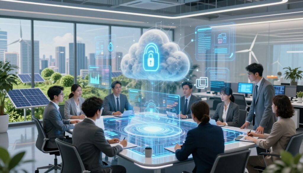 A futuristic office environment showcasing the integration of cloud technology in various innovative sectors. In the foreground, a diverse group of professionals in business attire collaborates around a sleek, transparent touchscreen table displaying holographic data analytics and technological designs. In the middle ground, digital interfaces float in the air, representing cloud computing elements like security, data storage, and connectivity. The background features a city skyline infused with green technology, with solar panels and wind turbines. Soft, ambient lighting creates a bright, optimistic atmosphere, highlighting the potential of technology to foster innovation. The camera angle is slightly elevated, giving a panoramic view of this high-tech ecosystem. A futuristic office environment showcasing the integration of cloud technology in various innovative sectors. In the foreground, a diverse group of professionals in business attire collaborates around a sleek, transparent touchscreen table displaying holographic data analytics and technological designs. In the middle ground, digital interfaces float in the air, representing cloud computing elements like security, data storage, and connectivity. The background features a city skyline infused with green technology, with solar panels and wind turbines. Soft, ambient lighting creates a bright, optimistic atmosphere, highlighting the potential of technology to foster innovation. The camera angle is slightly elevated, giving a panoramic view of this high-tech ecosystem.