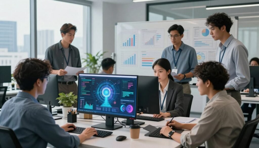 A futuristic office setting, with a team of diverse professionals, including men and women of various ethnicities, engaged in data analysis and discussion. In the foreground, a sleek computer workstation displays visual data analytics and AI algorithms on a large screen, glowing with vibrant colors. The middle ground features a digital whiteboard filled with graphs and charts, showcasing the impact of artificial intelligence on data treatment. In the background, large windows display a city skyline, symbolizing progress and technology. Soft, natural lighting fills the room, creating a collaborative and innovative atmosphere. The scene conveys a sense of urgency and importance, with the focus on the advancement of technology in data processing. A futuristic office setting, with a team of diverse professionals, including men and women of various ethnicities, engaged in data analysis and discussion. In the foreground, a sleek computer workstation displays visual data analytics and AI algorithms on a large screen, glowing with vibrant colors. The middle ground features a digital whiteboard filled with graphs and charts, showcasing the impact of artificial intelligence on data treatment. In the background, large windows display a city skyline, symbolizing progress and technology. Soft, natural lighting fills the room, creating a collaborative and innovative atmosphere. The scene conveys a sense of urgency and importance, with the focus on the advancement of technology in data processing.