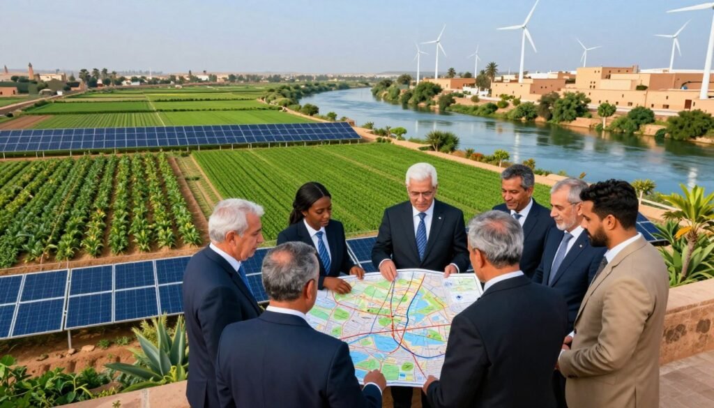 A harmonious blend of water, energy, agriculture, and industry in Morocco. In the foreground, a diverse group of professionals in business attire examines a detailed map that illustrates strategic planning. In the middle ground, lush green fields with crops symbolize sustainable agriculture, while solar panels and wind turbines represent renewable energy sources. The background features a clear river flowing through the landscape, reflecting blue skies. The scene is bathed in warm, natural lighting, enhancing the vibrant colors of nature and industry. Capture the energy of collaboration and innovation, conveying a hopeful and forward-thinking atmosphere regarding sustainable development strategies in Morocco. A harmonious blend of water, energy, agriculture, and industry in Morocco. In the foreground, a diverse group of professionals in business attire examines a detailed map that illustrates strategic planning. In the middle ground, lush green fields with crops symbolize sustainable agriculture, while solar panels and wind turbines represent renewable energy sources. The background features a clear river flowing through the landscape, reflecting blue skies. The scene is bathed in warm, natural lighting, enhancing the vibrant colors of nature and industry. Capture the energy of collaboration and innovation, conveying a hopeful and forward-thinking atmosphere regarding sustainable development strategies in Morocco.