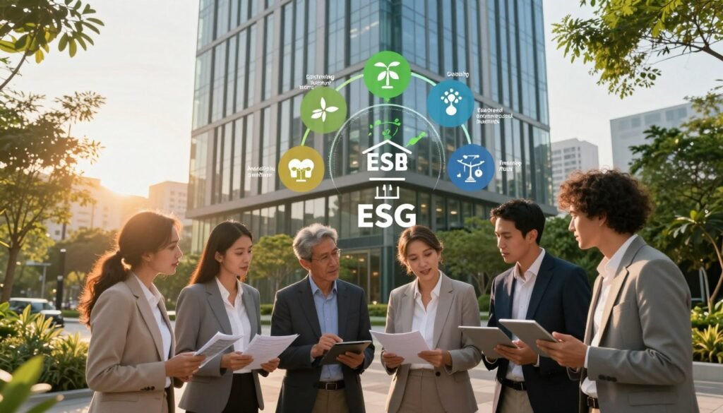 A harmonious urban landscape featuring a modern office building surrounded by lush greenery, symbolizing sustainability and the principles of ESG (Environmental, Social, Governance). In the foreground, a diverse group of professionals in smart business attire—women and men of various ethnicities—are engaged in a lively discussion, analyzing documents and using tablets. In the middle, an infographic-like representation of ESG criteria—such as renewable energy symbols, social justice icons, and governance structures—integrates seamlessly into the scene. In the background, the sun sets, casting a warm golden light that creates a hopeful and inspiring atmosphere, highlighting the importance of responsible investment. Shot from a low angle to emphasize the interaction and architectural elements, creating a sense of grandeur and significance. A harmonious urban landscape featuring a modern office building surrounded by lush greenery, symbolizing sustainability and the principles of ESG (Environmental, Social, Governance). In the foreground, a diverse group of professionals in smart business attire—women and men of various ethnicities—are engaged in a lively discussion, analyzing documents and using tablets. In the middle, an infographic-like representation of ESG criteria—such as renewable energy symbols, social justice icons, and governance structures—integrates seamlessly into the scene. In the background, the sun sets, casting a warm golden light that creates a hopeful and inspiring atmosphere, highlighting the importance of responsible investment. Shot from a low angle to emphasize the interaction and architectural elements, creating a sense of grandeur and significance.