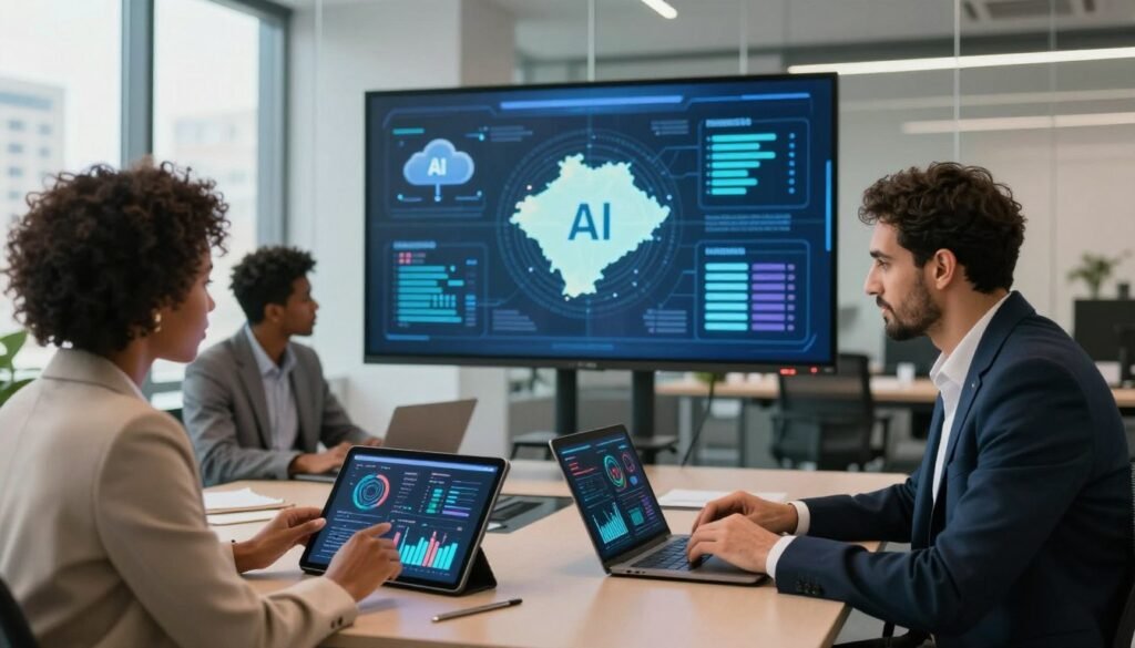 A modern Moroccan office interior featuring diverse professionals engaged in collaboration. In the foreground, a Black woman in a blazer operates a tablet with interactive graphs, while a Middle-Eastern man in smart casual attire analyzes data on a laptop. The middle ground showcases a large digital screen displaying innovative technology concepts, such as cloud computing and AI, with a map of Morocco highlighted. The background includes glass walls with glimpses of a bustling cityscape. Soft, natural light streams through the windows, creating a productive and dynamic atmosphere. The overall mood is one of innovation and teamwork, capturing the essence of digital transformation in Moroccan businesses. A modern Moroccan office interior featuring diverse professionals engaged in collaboration. In the foreground, a Black woman in a blazer operates a tablet with interactive graphs, while a Middle-Eastern man in smart casual attire analyzes data on a laptop. The middle ground showcases a large digital screen displaying innovative technology concepts, such as cloud computing and AI, with a map of Morocco highlighted. The background includes glass walls with glimpses of a bustling cityscape. Soft, natural light streams through the windows, creating a productive and dynamic atmosphere. The overall mood is one of innovation and teamwork, capturing the essence of digital transformation in Moroccan businesses.
