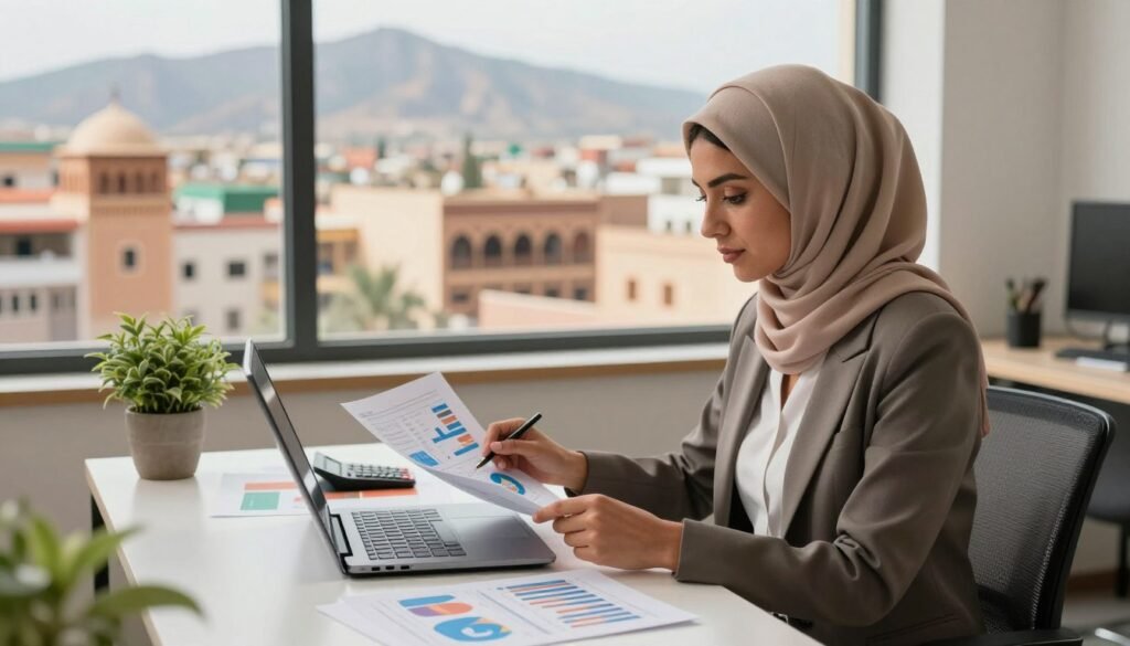 A modern Moroccan setting showcasing personal finance management. In the foreground, a professional woman in modest business attire sits at a sleek desk with a laptop, analyzing financial documents and graphs. In the middle, a creative workspace filled with colorful charts, a calculator, and a potted plant, conveying a productive atmosphere. In the background, a vibrant Moroccan cityscape is visible through a large window, featuring traditional architecture and mountains. Soft, natural lighting filters through, creating an inviting and focused ambiance. The composition should evoke a sense of empowerment and professionalism, emphasizing the importance of financial literacy in Morocco. A modern Moroccan setting showcasing personal finance management. In the foreground, a professional woman in modest business attire sits at a sleek desk with a laptop, analyzing financial documents and graphs. In the middle, a creative workspace filled with colorful charts, a calculator, and a potted plant, conveying a productive atmosphere. In the background, a vibrant Moroccan cityscape is visible through a large window, featuring traditional architecture and mountains. Soft, natural lighting filters through, creating an inviting and focused ambiance. The composition should evoke a sense of empowerment and professionalism, emphasizing the importance of financial literacy in Morocco.