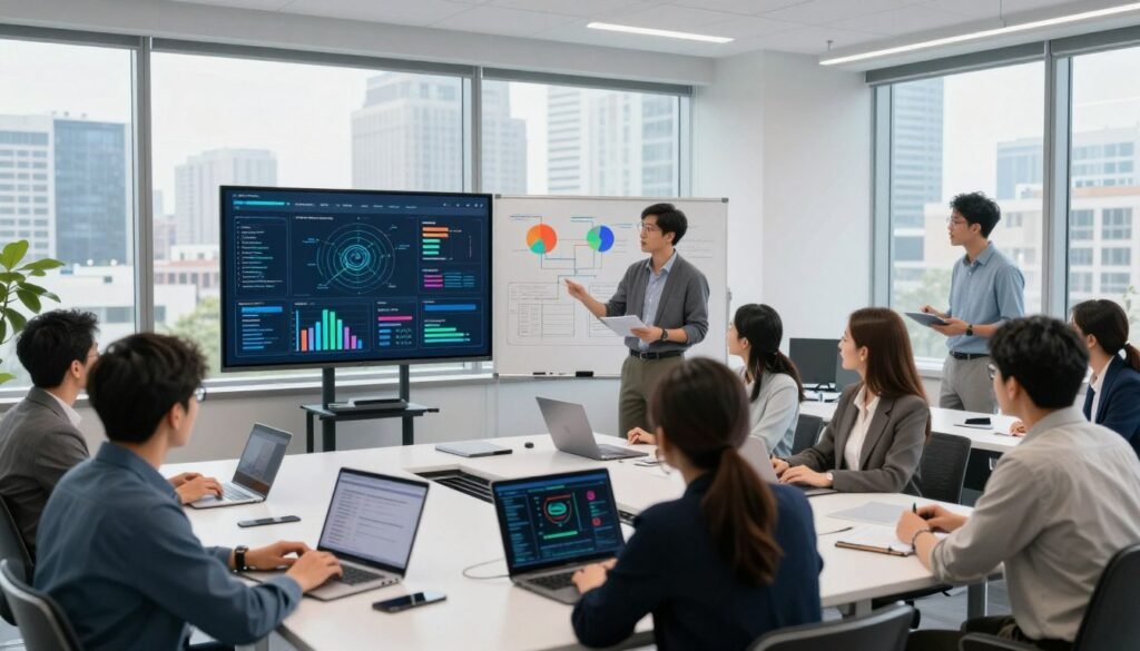 A modern and dynamic data science training session in progress within a well-lit, contemporary classroom. In the foreground, a diverse group of professionals, dressed in smart casual attire, are engaged in a collaborative discussion over laptops and data visualizations displayed on screens, demonstrating teamwork and innovation. In the middle ground, a large interactive whiteboard showcases colorful graphs and flowcharts, emphasizing concepts like machine learning and analytics. The background features floor-to-ceiling windows allowing natural light to flood the space, with a view of a vibrant city skyline, symbolizing growth and opportunity. The mood is inspiring and focused, conveying a sense of empowerment and the potential for career advancement in data science. A modern and dynamic data science training session in progress within a well-lit, contemporary classroom. In the foreground, a diverse group of professionals, dressed in smart casual attire, are engaged in a collaborative discussion over laptops and data visualizations displayed on screens, demonstrating teamwork and innovation. In the middle ground, a large interactive whiteboard showcases colorful graphs and flowcharts, emphasizing concepts like machine learning and analytics. The background features floor-to-ceiling windows allowing natural light to flood the space, with a view of a vibrant city skyline, symbolizing growth and opportunity. The mood is inspiring and focused, conveying a sense of empowerment and the potential for career advancement in data science.