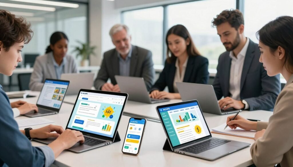 A modern and innovative educational setting showcasing ACAPS (Autorité de Contrôle des Assurances et de la Prévoyance Sociale) financial literacy tools. In the foreground, display a variety of sleek, digital devices such as tablets and smartphones, featuring interactive financial tutorials with vibrant graphics. In the middle, include a diverse group of professionals in business attire, actively engaging with the devices, demonstrating collaboration and learning. The background features contemporary office elements like large windows allowing natural light to pour in, lending a sense of openness and innovation. The atmosphere should be dynamic and encouraging, conveying a sense of empowerment and growth in financial education. Use bright, uplifting lighting to enhance a positive mood, while keeping the focus on the devices and the collaborative learning experience. A modern and innovative educational setting showcasing ACAPS (Autorité de Contrôle des Assurances et de la Prévoyance Sociale) financial literacy tools. In the foreground, display a variety of sleek, digital devices such as tablets and smartphones, featuring interactive financial tutorials with vibrant graphics. In the middle, include a diverse group of professionals in business attire, actively engaging with the devices, demonstrating collaboration and learning. The background features contemporary office elements like large windows allowing natural light to pour in, lending a sense of openness and innovation. The atmosphere should be dynamic and encouraging, conveying a sense of empowerment and growth in financial education. Use bright, uplifting lighting to enhance a positive mood, while keeping the focus on the devices and the collaborative learning experience.
