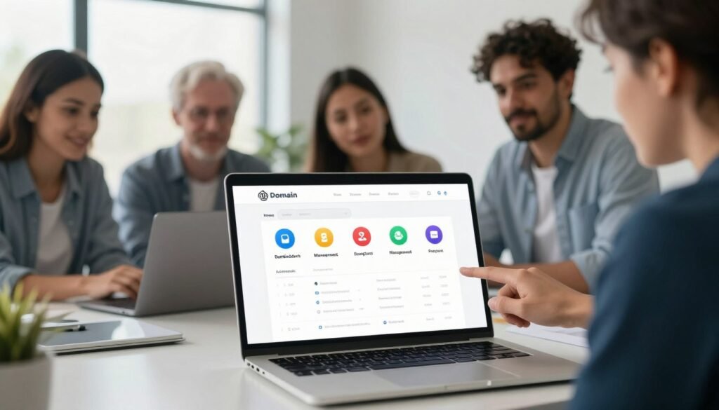 A modern and intuitive user interface of a domain registration platform, showcasing the ease of navigation. In the foreground, a sleek laptop displays a well-organized dashboard with vibrant icons representing various features like domain search, management, and customer support. The middle ground consists of a diverse group of professionals, dressed in smart casual attire, collaborating over the laptop, visibly engaged and pointing at the screen. The background features a bright and open office space with large windows letting in natural light, highlighting a calm and productive atmosphere. Soft focus on the background adds depth, enhancing the professional and friendly mood. The image is well-lit, emphasizing the clear layout of the platform and the expressions of engagement. A modern and intuitive user interface of a domain registration platform, showcasing the ease of navigation. In the foreground, a sleek laptop displays a well-organized dashboard with vibrant icons representing various features like domain search, management, and customer support. The middle ground consists of a diverse group of professionals, dressed in smart casual attire, collaborating over the laptop, visibly engaged and pointing at the screen. The background features a bright and open office space with large windows letting in natural light, highlighting a calm and productive atmosphere. Soft focus on the background adds depth, enhancing the professional and friendly mood. The image is well-lit, emphasizing the clear layout of the platform and the expressions of engagement.