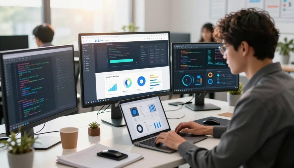 A modern and sleek workspace featuring a digital marketing professional creating and optimizing a website. In the foreground, a focused individual dressed in professional business attire is intently working on a laptop, surrounded by design mockups and analytics on a desk. In the middle, a large screen displays a website layout with various optimization tools and charts. The background includes a bright office environment with large windows allowing sunlight to stream in, casting a warm glow. The atmosphere is collaborative and innovative, showcasing elements of technology like code snippets and graphical interfaces. Utilize soft lighting to enhance the clarity and detail, shot from a slightly high angle to capture the workspace’s organized chaos. A modern and sleek workspace featuring a digital marketing professional creating and optimizing a website. In the foreground, a focused individual dressed in professional business attire is intently working on a laptop, surrounded by design mockups and analytics on a desk. In the middle, a large screen displays a website layout with various optimization tools and charts. The background includes a bright office environment with large windows allowing sunlight to stream in, casting a warm glow. The atmosphere is collaborative and innovative, showcasing elements of technology like code snippets and graphical interfaces. Utilize soft lighting to enhance the clarity and detail, shot from a slightly high angle to capture the workspace’s organized chaos.