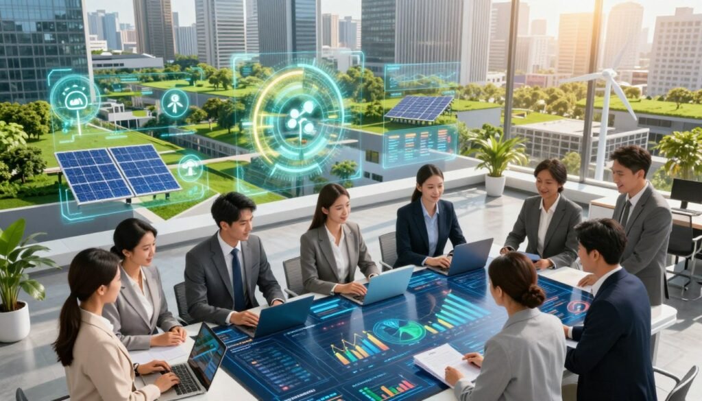 A modern and vibrant workspace showcasing innovation in green finance technologies. In the foreground, a diverse group of professionals dressed in business attire collaborates around a futuristic digital table displaying financial data and eco-friendly growth charts. The middle section features advanced technology elements, such as holographic displays, renewable energy icons, and visuals representing solar panels and wind turbines. The background reveals a sleek cityscape with green rooftops and parks, illustrating sustainable urban development. The lighting is bright and energizing, casting a positive atmosphere, while a warm color palette emphasizes innovation and growth. Capture the image from a slightly elevated angle to convey a sense of progress and forward-thinking in green finance. A modern and vibrant workspace showcasing innovation in green finance technologies. In the foreground, a diverse group of professionals dressed in business attire collaborates around a futuristic digital table displaying financial data and eco-friendly growth charts. The middle section features advanced technology elements, such as holographic displays, renewable energy icons, and visuals representing solar panels and wind turbines. The background reveals a sleek cityscape with green rooftops and parks, illustrating sustainable urban development. The lighting is bright and energizing, casting a positive atmosphere, while a warm color palette emphasizes innovation and growth. Capture the image from a slightly elevated angle to convey a sense of progress and forward-thinking in green finance.