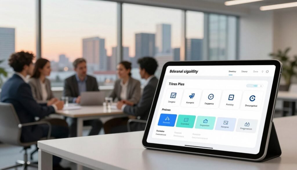 A modern and visually appealing workspace scene, showcasing a sleek digital display of various pricing plans, symbolizing scalability in nonprofit fundraising solutions. In the foreground, an elegant tablet prominently features tiered pricing options with icons representing features like analytics, support, and integrations. The middle ground displays a diverse group of professionals in business attire, engaged in discussions around the pricing plans, emphasizing teamwork and collaboration. In the background, a large window offers a view of a vibrant city skyline, illuminated by soft, warm lighting that creates an inviting atmosphere. The composition should have a slight depth of field effect, drawing focus to the tablet while maintaining a clear view of the engaging dialogue among the team. A modern and visually appealing workspace scene, showcasing a sleek digital display of various pricing plans, symbolizing scalability in nonprofit fundraising solutions. In the foreground, an elegant tablet prominently features tiered pricing options with icons representing features like analytics, support, and integrations. The middle ground displays a diverse group of professionals in business attire, engaged in discussions around the pricing plans, emphasizing teamwork and collaboration. In the background, a large window offers a view of a vibrant city skyline, illuminated by soft, warm lighting that creates an inviting atmosphere. The composition should have a slight depth of field effect, drawing focus to the tablet while maintaining a clear view of the engaging dialogue among the team.