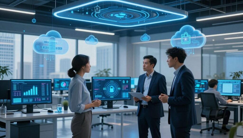 A modern cloud computing environment showcasing security applications in action. In the foreground, a diverse group of three professionals—two men and one woman—dressed in smart business attire, are thoughtfully discussing security strategies under dynamic, blue overhead lighting. In the middle, digital screens display colorful data visualizations and security metrics, while abstract representations of cloud infrastructure float around them. The background features a sleek, high-tech office with large windows overlooking a city skyline, conveying a sense of innovation and progress. The overall atmosphere is focused and collaborative, highlighting the importance of cybersecurity in cloud environments. The composition should utilize a wide-angle lens to capture both the team's interaction and the impressive backdrop. A modern cloud computing environment showcasing security applications in action. In the foreground, a diverse group of three professionals—two men and one woman—dressed in smart business attire, are thoughtfully discussing security strategies under dynamic, blue overhead lighting. In the middle, digital screens display colorful data visualizations and security metrics, while abstract representations of cloud infrastructure float around them. The background features a sleek, high-tech office with large windows overlooking a city skyline, conveying a sense of innovation and progress. The overall atmosphere is focused and collaborative, highlighting the importance of cybersecurity in cloud environments. The composition should utilize a wide-angle lens to capture both the team's interaction and the impressive backdrop.