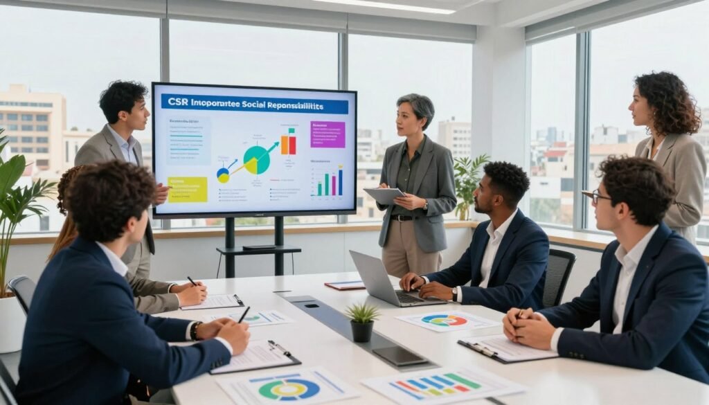 A modern, collaborative workspace showcasing diverse professionals engaged in discussions about social innovation and corporate social responsibility (CSR) practices in Morocco. In the foreground, a multi-ethnic group of businesspeople in professional attire converses around a sleek conference table filled with charts and reports illustrating innovative CSR strategies. In the middle, a large screen displays vibrant infographics representing the evolution of the CSR framework, highlighting key metrics and growth potential. The background features large windows letting in natural light, with a cityscape view of a vibrant Moroccan urban environment. The lighting is bright and inspiring, creating an optimistic and engaging atmosphere, emphasizing the importance of social innovation in business today. A modern, collaborative workspace showcasing diverse professionals engaged in discussions about social innovation and corporate social responsibility (CSR) practices in Morocco. In the foreground, a multi-ethnic group of businesspeople in professional attire converses around a sleek conference table filled with charts and reports illustrating innovative CSR strategies. In the middle, a large screen displays vibrant infographics representing the evolution of the CSR framework, highlighting key metrics and growth potential. The background features large windows letting in natural light, with a cityscape view of a vibrant Moroccan urban environment. The lighting is bright and inspiring, creating an optimistic and engaging atmosphere, emphasizing the importance of social innovation in business today.