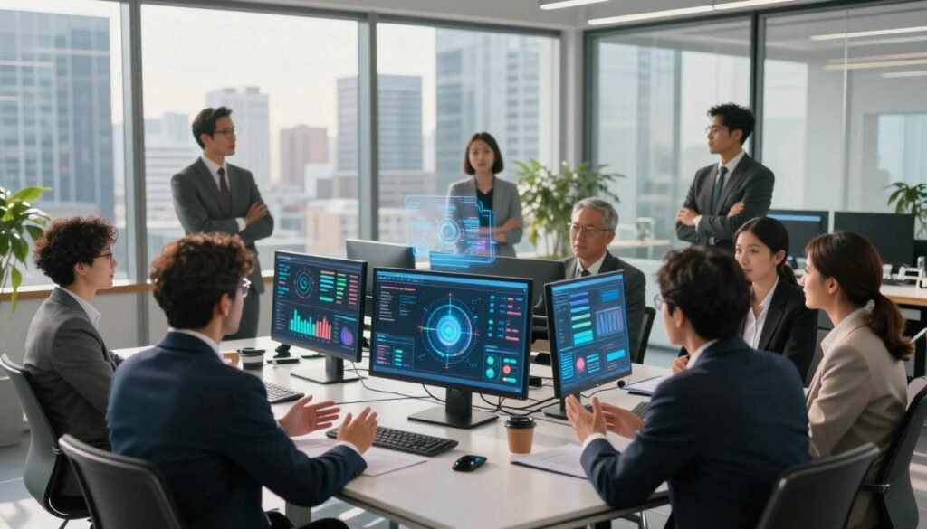 A modern corporate office environment, showcasing a diverse group of professionals engaged in innovative discussions around a table, surrounded by high-tech screens displaying data and analytics. The foreground features business experts in professional attire, deep in conversation, with gestures emphasizing collaboration. In the middle ground, sleek digital devices and futuristic technology, like holographic displays and VR interfaces, symbolize innovation in corporate governance. The background shows a panoramic view of a bustling cityscape through large glass windows, infused with warm, natural light, creating an uplifting atmosphere. This scene captures the essence of adaptability and modern governance, highlighting the synergy between technology and business strategies. The image is vibrant and inspiring, evoking progress and success in corporate governance. A modern corporate office environment, showcasing a diverse group of professionals engaged in innovative discussions around a table, surrounded by high-tech screens displaying data and analytics. The foreground features business experts in professional attire, deep in conversation, with gestures emphasizing collaboration. In the middle ground, sleek digital devices and futuristic technology, like holographic displays and VR interfaces, symbolize innovation in corporate governance. The background shows a panoramic view of a bustling cityscape through large glass windows, infused with warm, natural light, creating an uplifting atmosphere. This scene captures the essence of adaptability and modern governance, highlighting the synergy between technology and business strategies. The image is vibrant and inspiring, evoking progress and success in corporate governance.