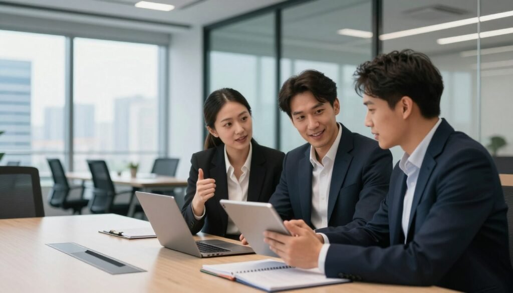 A modern corporate setting showcasing the importance of professional development for businesses. In the foreground, a diverse group of three professionals, two men and one woman, are engaged in a lively discussion over a digital tablet, dressed in smart business attire. In the middle, a sleek conference table surrounded by ergonomic chairs, with notebooks and laptops scattered, represents collaboration and learning. The background features glass walls with a cityscape view, allowing natural light to flood the room, creating an uplifting and motivating atmosphere. Soft, diffused lighting emphasizes the professionals' expressions of enthusiasm and focus. This image captures the essence of growth, teamwork, and the drive for skill enhancement in the workplace. A modern corporate setting showcasing the importance of professional development for businesses. In the foreground, a diverse group of three professionals, two men and one woman, are engaged in a lively discussion over a digital tablet, dressed in smart business attire. In the middle, a sleek conference table surrounded by ergonomic chairs, with notebooks and laptops scattered, represents collaboration and learning. The background features glass walls with a cityscape view, allowing natural light to flood the room, creating an uplifting and motivating atmosphere. Soft, diffused lighting emphasizes the professionals' expressions of enthusiasm and focus. This image captures the essence of growth, teamwork, and the drive for skill enhancement in the workplace.