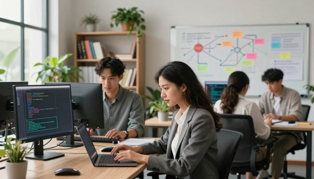 A modern data science office environment showcasing diverse professionals engaged in collaborative work. In the foreground, a confident woman in smart business attire analyzes datasets on a laptop, while a focused man in casual yet professional clothing examines code on a large monitor. In the middle ground, a whiteboard filled with colorful charts and algorithms highlights the intricate nature of data science. The background features shelves filled with technical books and vibrant plants, creating a welcoming atmosphere. Soft, natural light filters through large windows, casting gentle shadows and contributing to a productive, innovative mood. The camera angle captures the dynamic interaction among team members, emphasizing teamwork and creativity in the field of data science. A modern data science office environment showcasing diverse professionals engaged in collaborative work. In the foreground, a confident woman in smart business attire analyzes datasets on a laptop, while a focused man in casual yet professional clothing examines code on a large monitor. In the middle ground, a whiteboard filled with colorful charts and algorithms highlights the intricate nature of data science. The background features shelves filled with technical books and vibrant plants, creating a welcoming atmosphere. Soft, natural light filters through large windows, casting gentle shadows and contributing to a productive, innovative mood. The camera angle captures the dynamic interaction among team members, emphasizing teamwork and creativity in the field of data science.