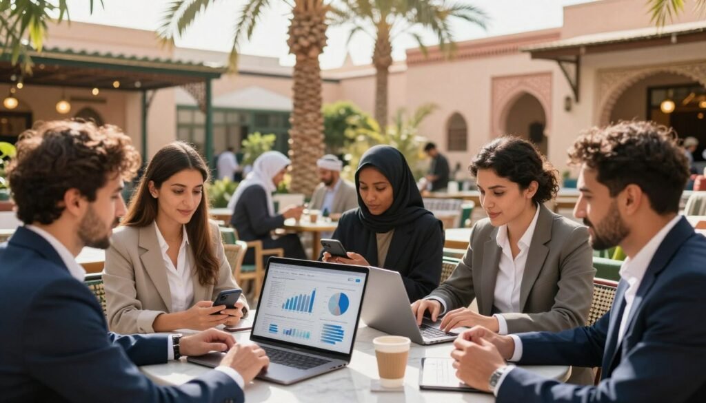 A modern digital commerce strategy scene set in a vibrant Moroccan environment. In the foreground, a diverse group of professionals in smart business attire engage in a collaborative meeting around a sleek laptop with charts and graphs displayed. The middle ground features an elegantly designed cafe with traditional Moroccan decor, where customers use mobile devices and laptops, highlighting the integration of technology into daily life. In the background, iconic Moroccan architecture can be seen, illuminated by warm sunlight filtering through palm trees, creating a lively and inviting atmosphere. The overall mood is energetic and optimistic, reflecting the potential of e-commerce in Morocco. Use bright, natural lighting with a slight bokeh effect, captured with a wide-angle lens to emphasize depth. A modern digital commerce strategy scene set in a vibrant Moroccan environment. In the foreground, a diverse group of professionals in smart business attire engage in a collaborative meeting around a sleek laptop with charts and graphs displayed. The middle ground features an elegantly designed cafe with traditional Moroccan decor, where customers use mobile devices and laptops, highlighting the integration of technology into daily life. In the background, iconic Moroccan architecture can be seen, illuminated by warm sunlight filtering through palm trees, creating a lively and inviting atmosphere. The overall mood is energetic and optimistic, reflecting the potential of e-commerce in Morocco. Use bright, natural lighting with a slight bokeh effect, captured with a wide-angle lens to emphasize depth.